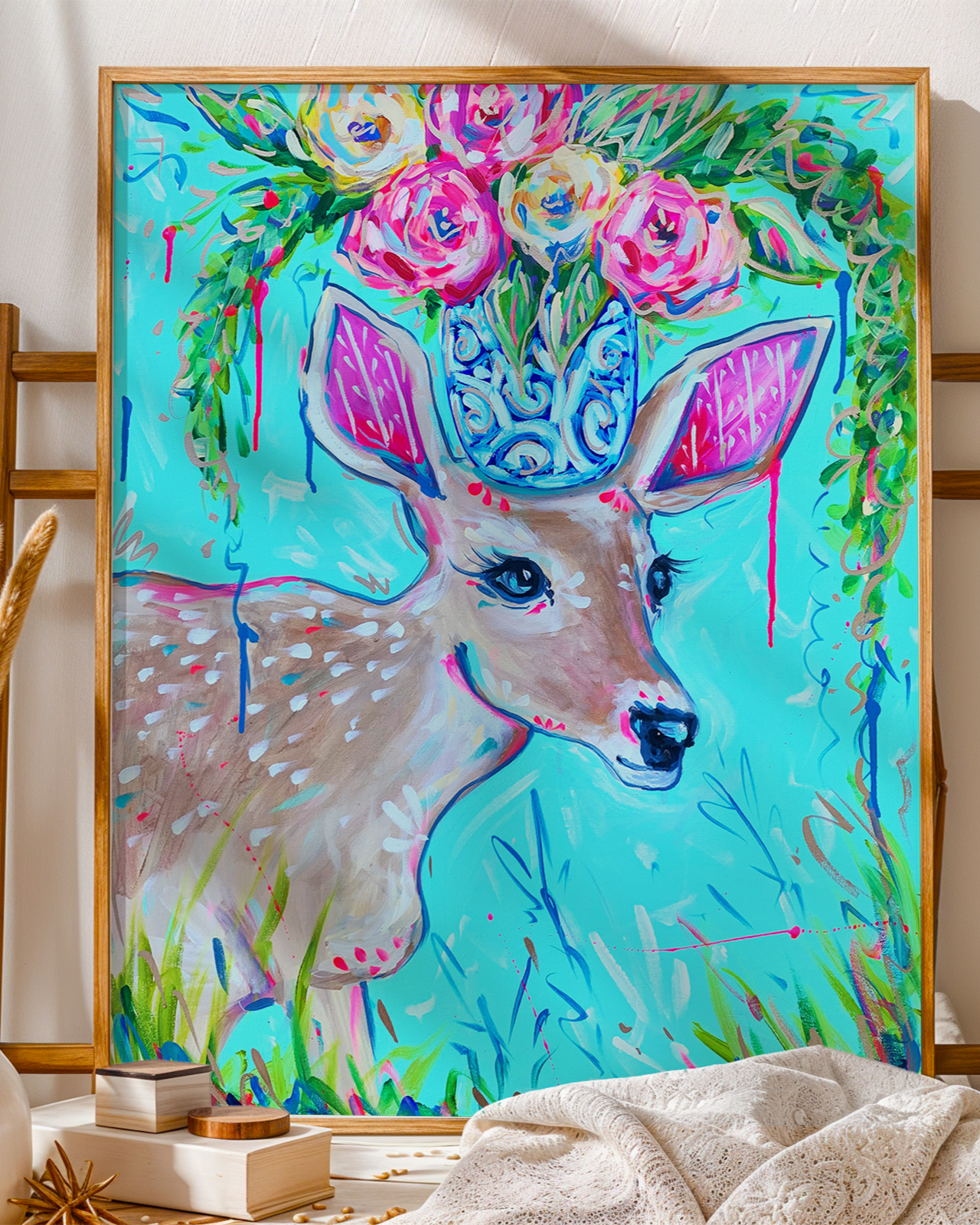 Deer Fawn Art Print on Paper or Canvas - Colorful Animal Wall Decor, Nursery Baby Room Poster