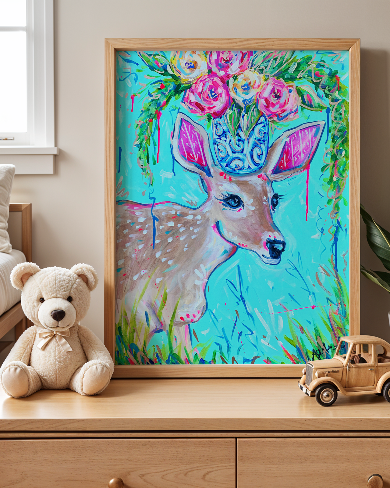 Deer Fawn Art Print on Paper or Canvas - Colorful Animal Wall Decor, Nursery Baby Room Poster