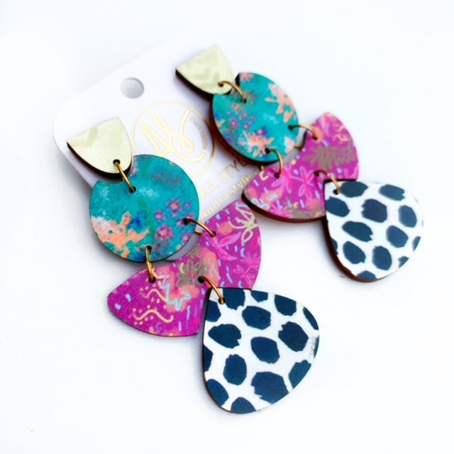 Eva - Teal Sweetgrass Floral Print Polka Dot Pattern Mix Earring