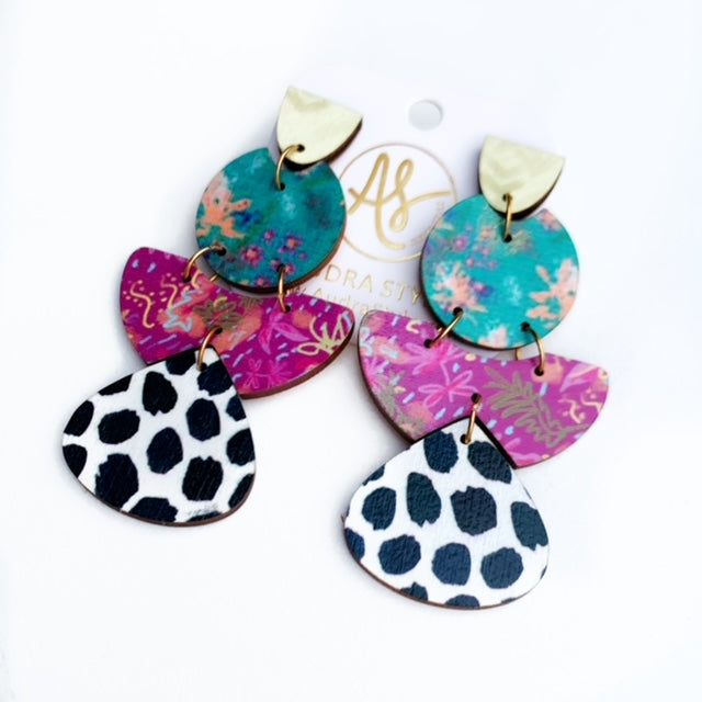 Eva - Teal Sweetgrass Floral Print Polka Dot Pattern Mix Earring