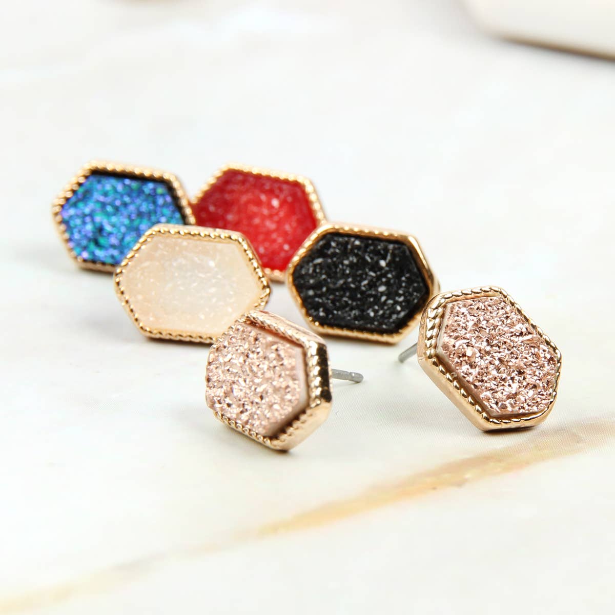 VE2334 - DRUZY HEXAGON POST EARRINGS: DARK AQUA