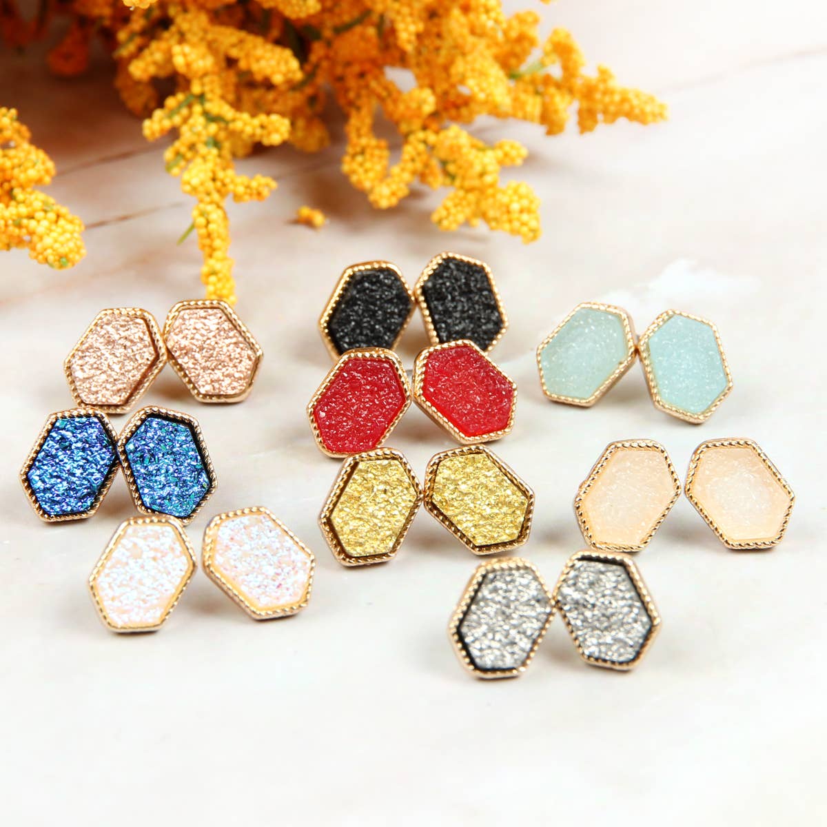 VE2334 - DRUZY HEXAGON POST EARRINGS: IRIDISCENT