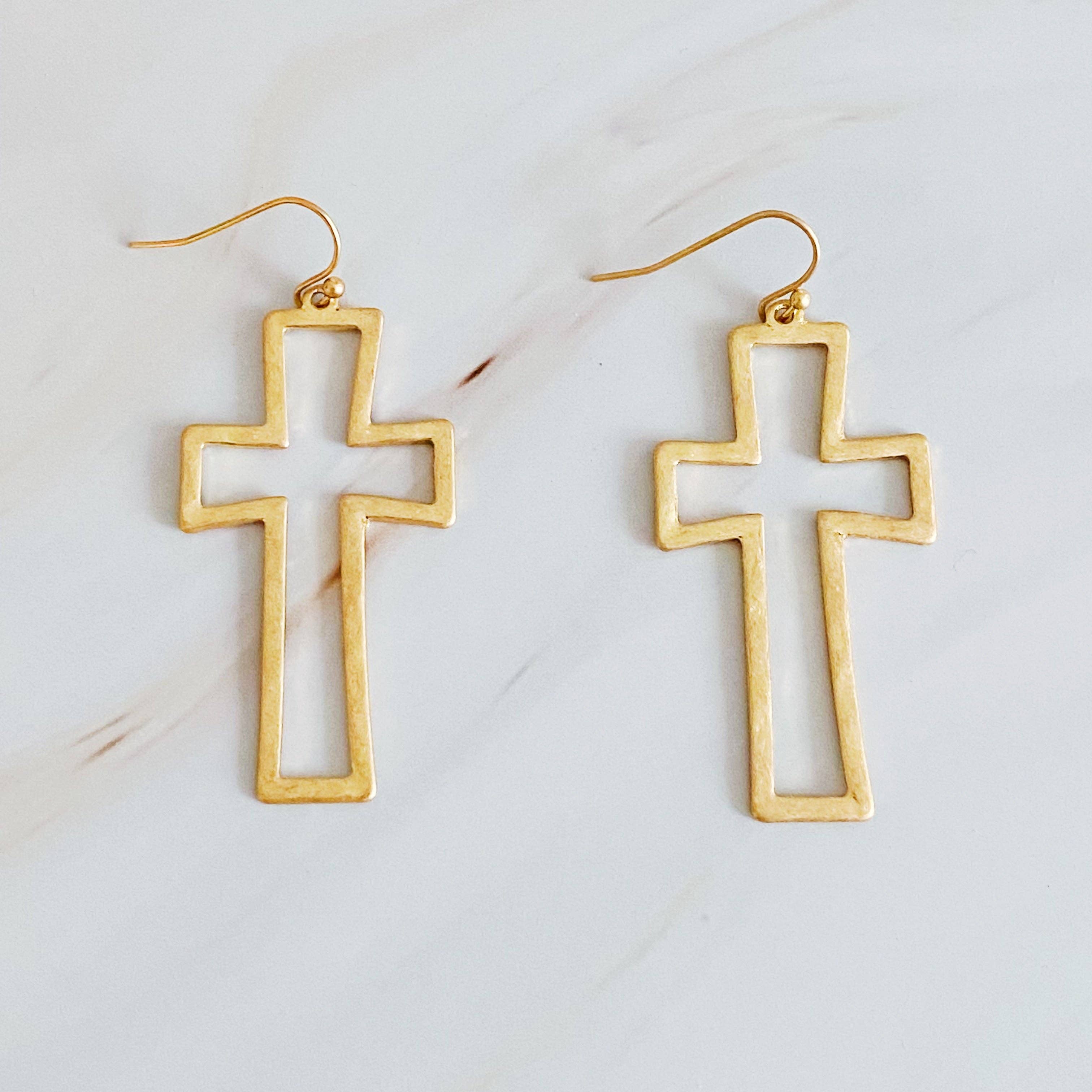 Dangle Cross Outlined Earrings: Silver