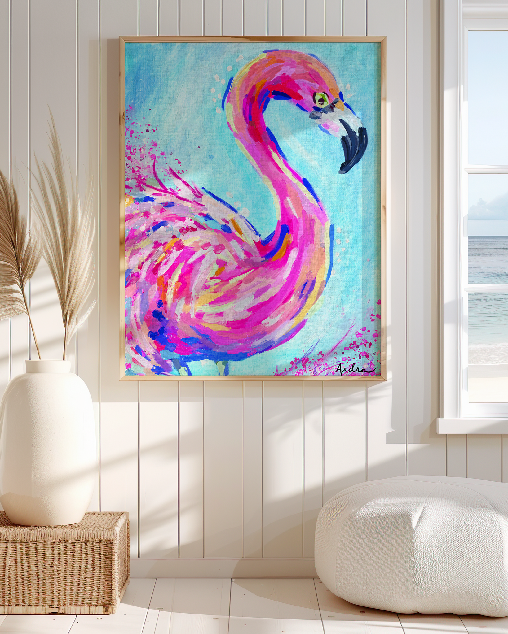 Flamingo Art Print on Paper or Canvas - Pink Decor, Beach Nautical Coastal Wall Art, Colorful Poster