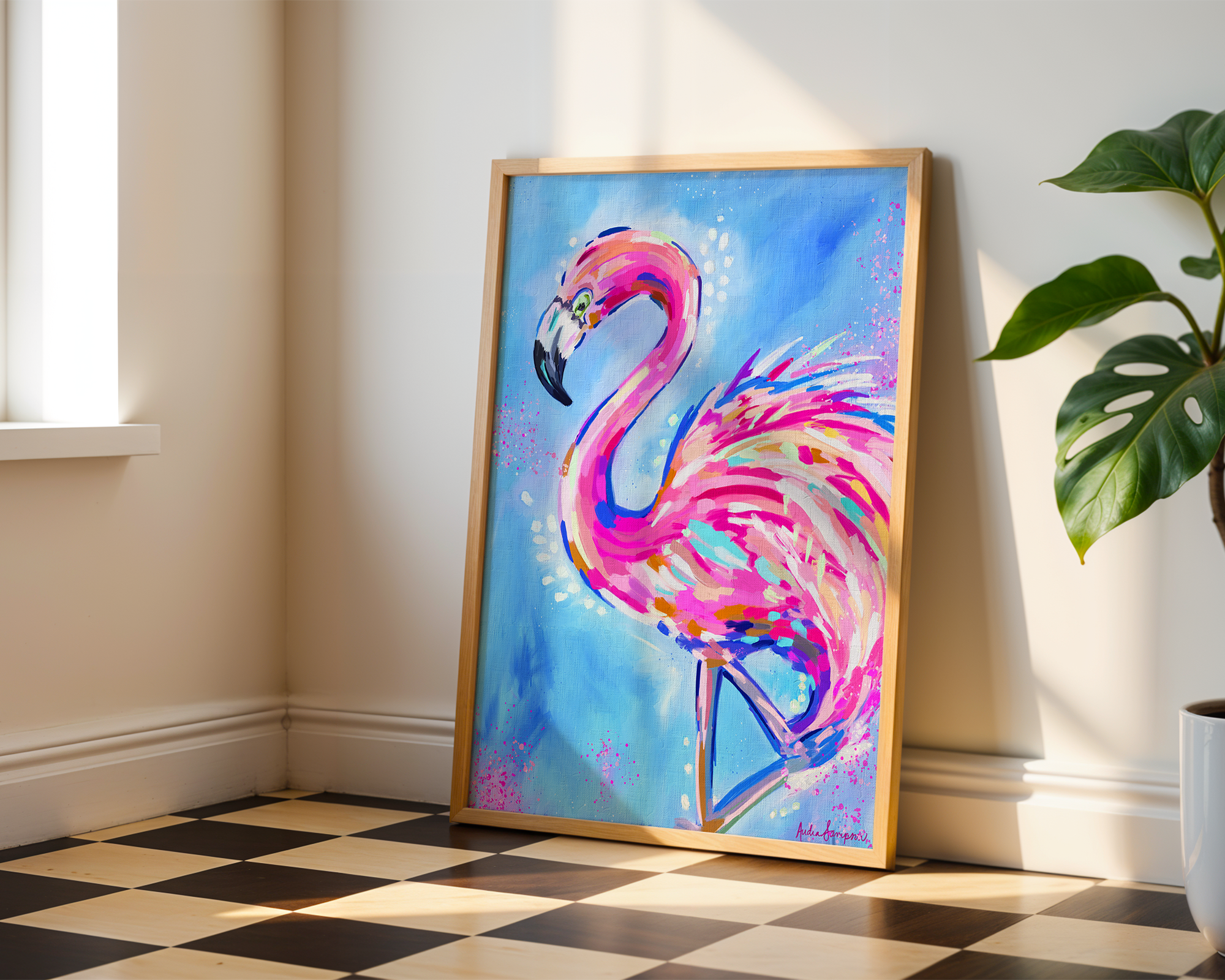 Flamingo Art Print on Paper or Canvas - Pink Decor, Maximalist Coastal Wall Art Poster