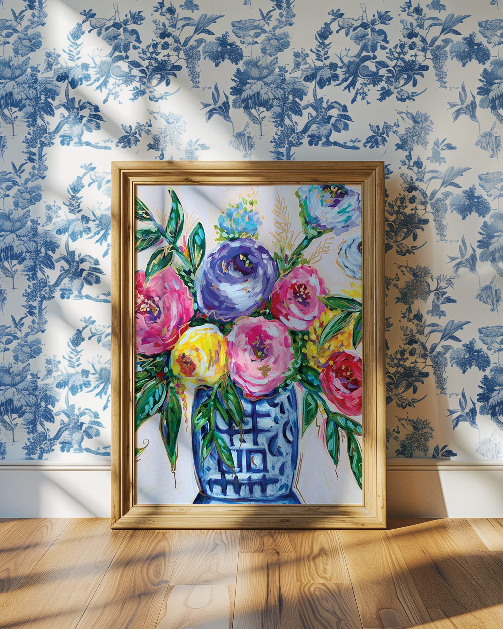 Blue White Vase Floral Art Print on Paper or Canvas - Grand Millennial Wall Art, Southern Colorful Poster