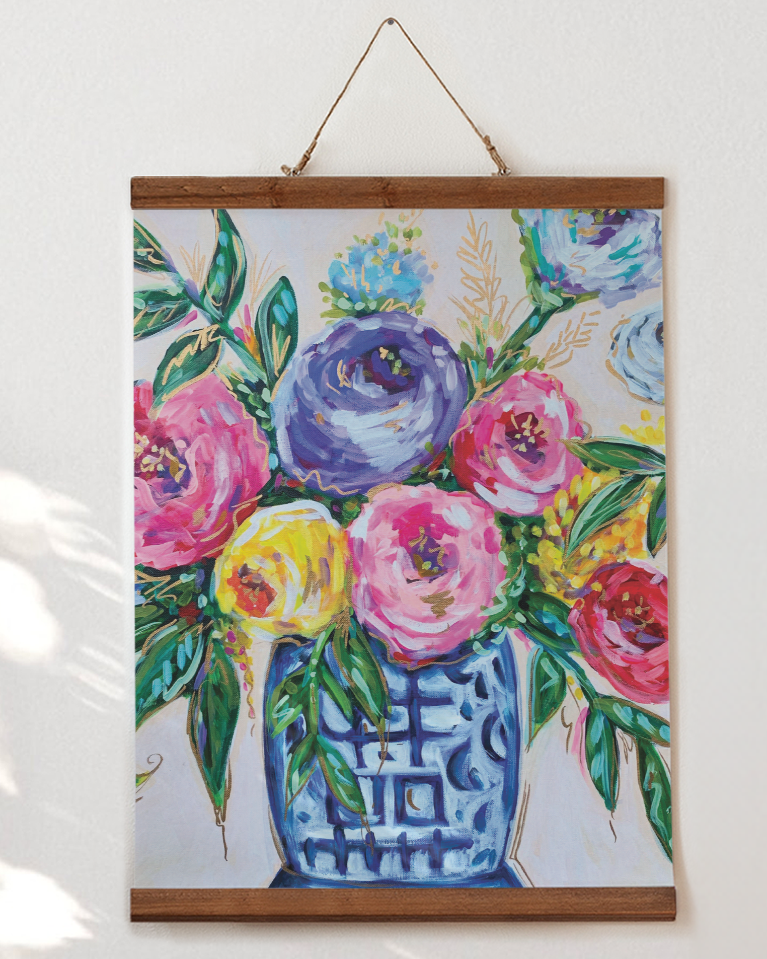 Blue White Vase Floral Art Print on Paper or Canvas - Grand Millennial Wall Art, Southern Colorful Poster