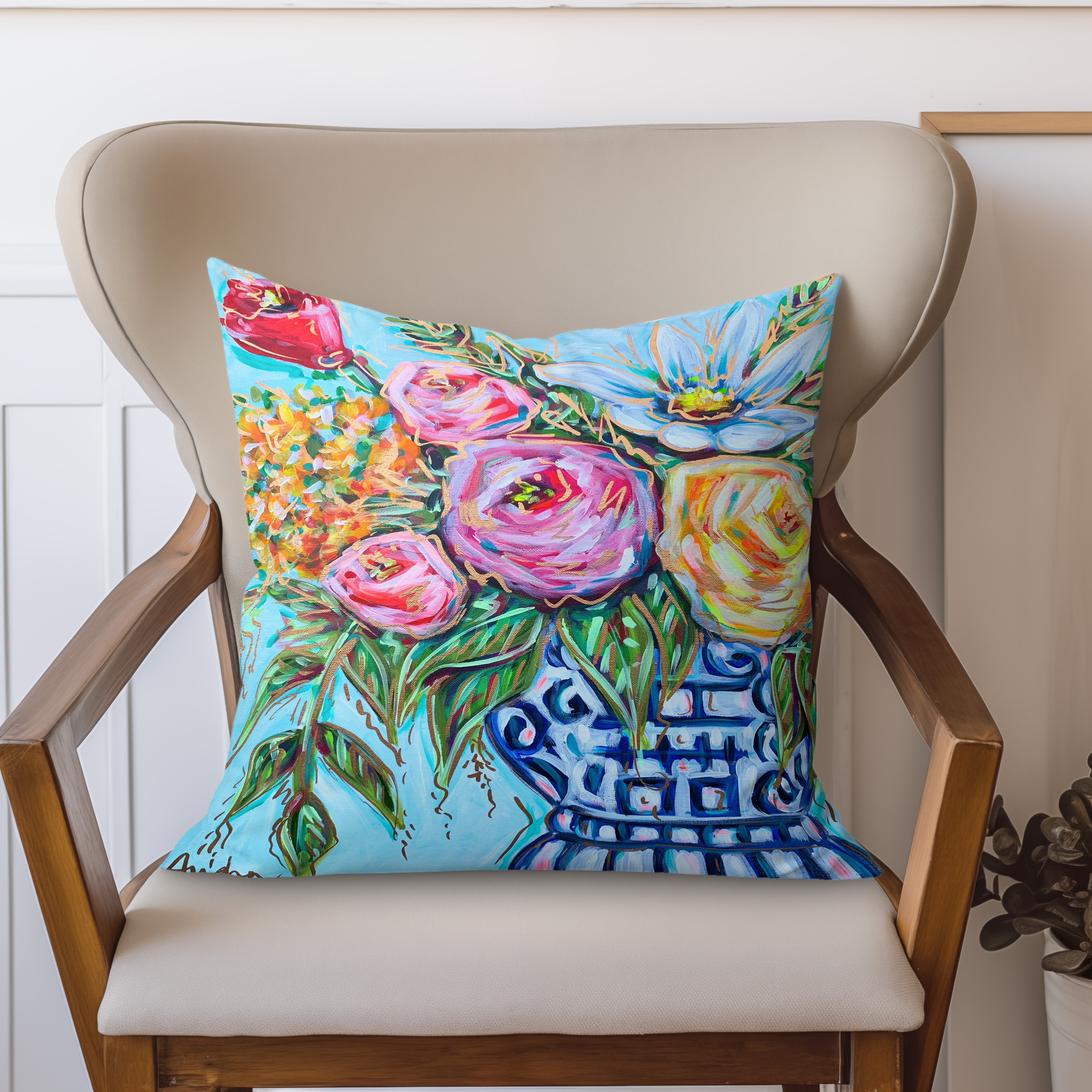 Floral Ginger Jar Throw Pillow