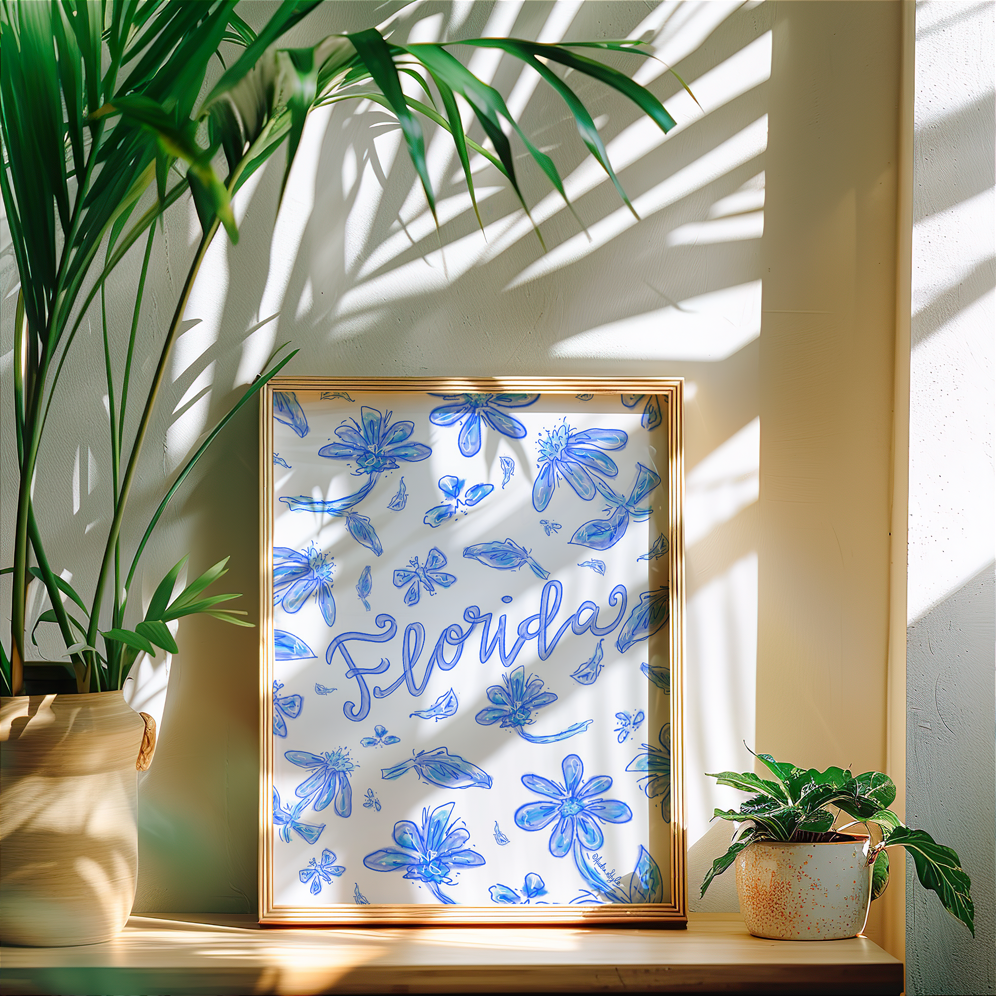 Florida Art Print on Paper or Canvas - State Pride, Hometown, Blue White Floral Wall Art Poster