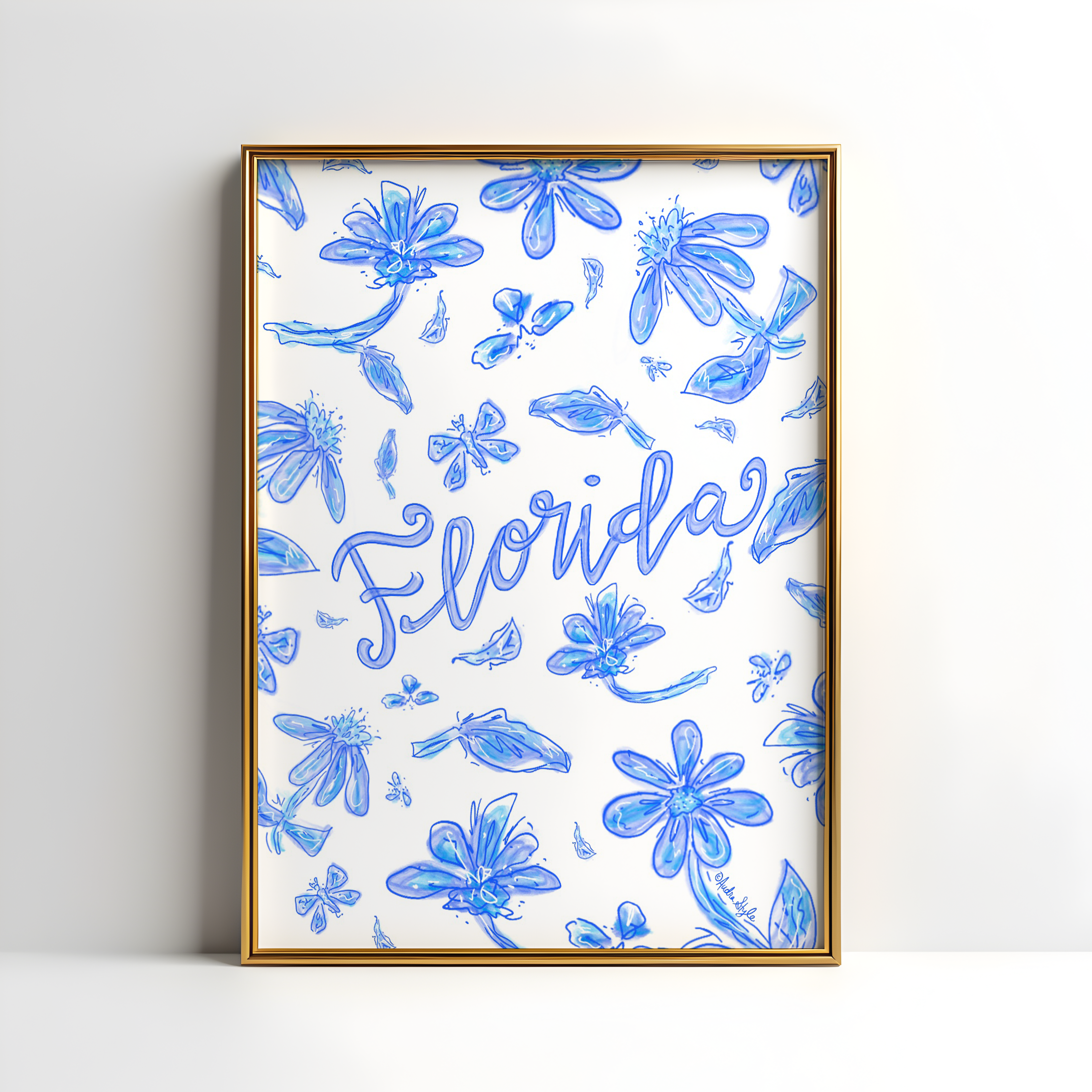 Florida Art Print on Paper or Canvas - State Pride, Hometown, Blue White Floral Wall Art Poster