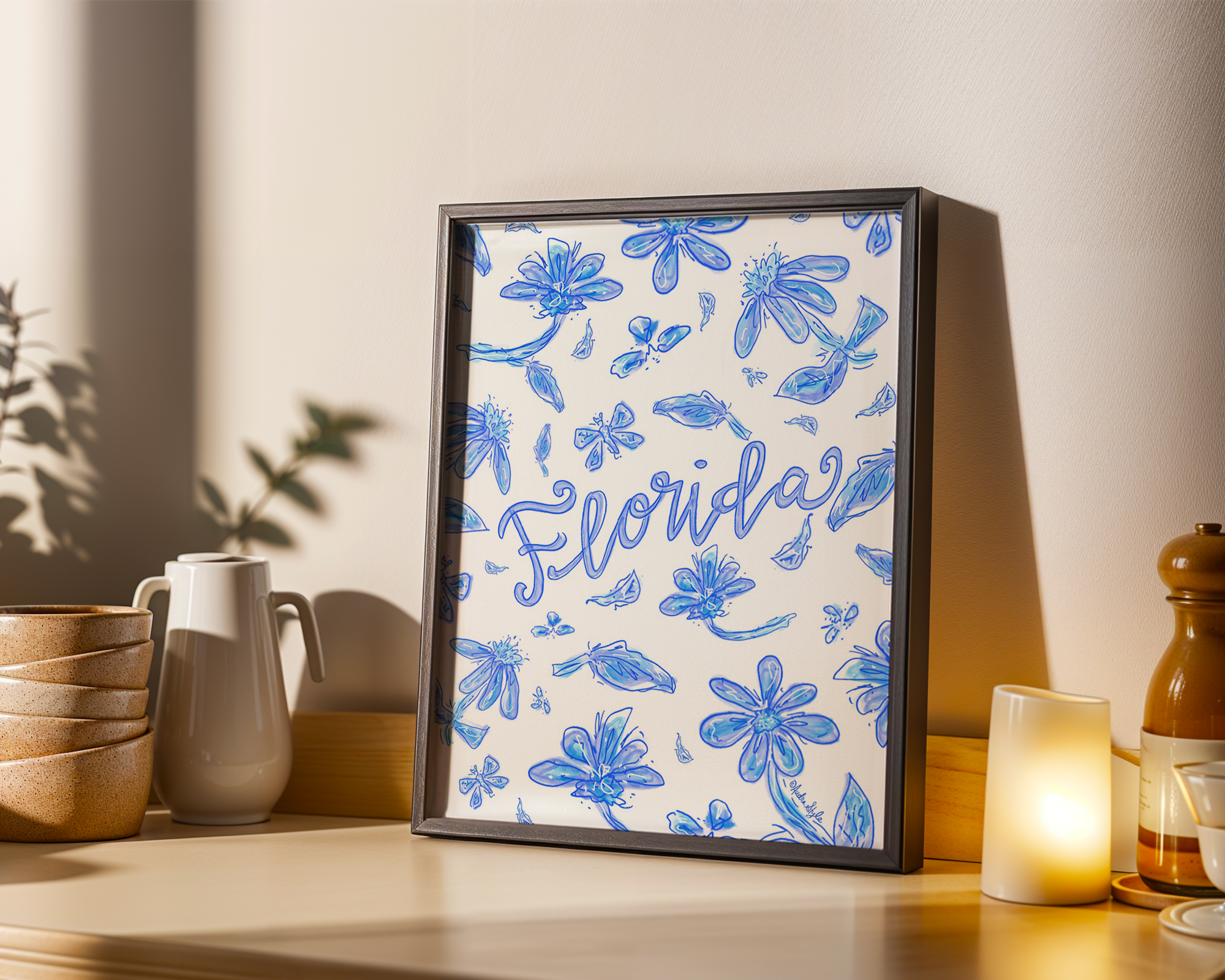 Florida Art Print on Paper or Canvas - State Pride, Hometown, Blue White Floral Wall Art Poster