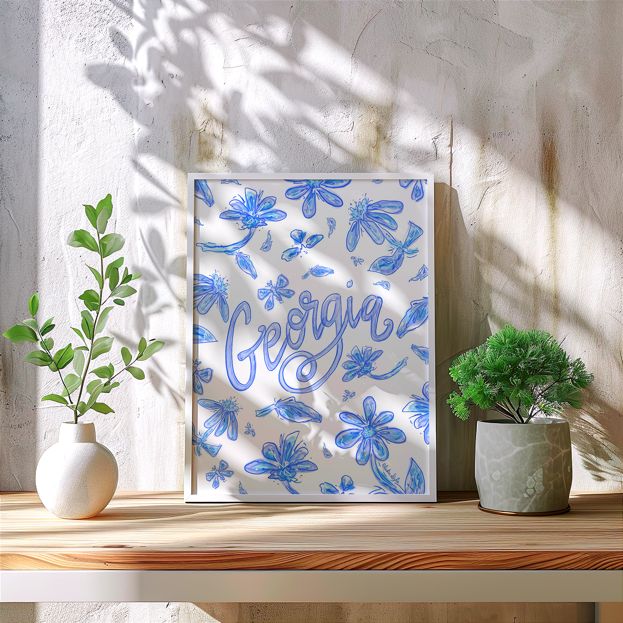 Georgia Art Print on Paper or Canvas - State Pride, Hometown, Blue White Floral Wall Art Poster