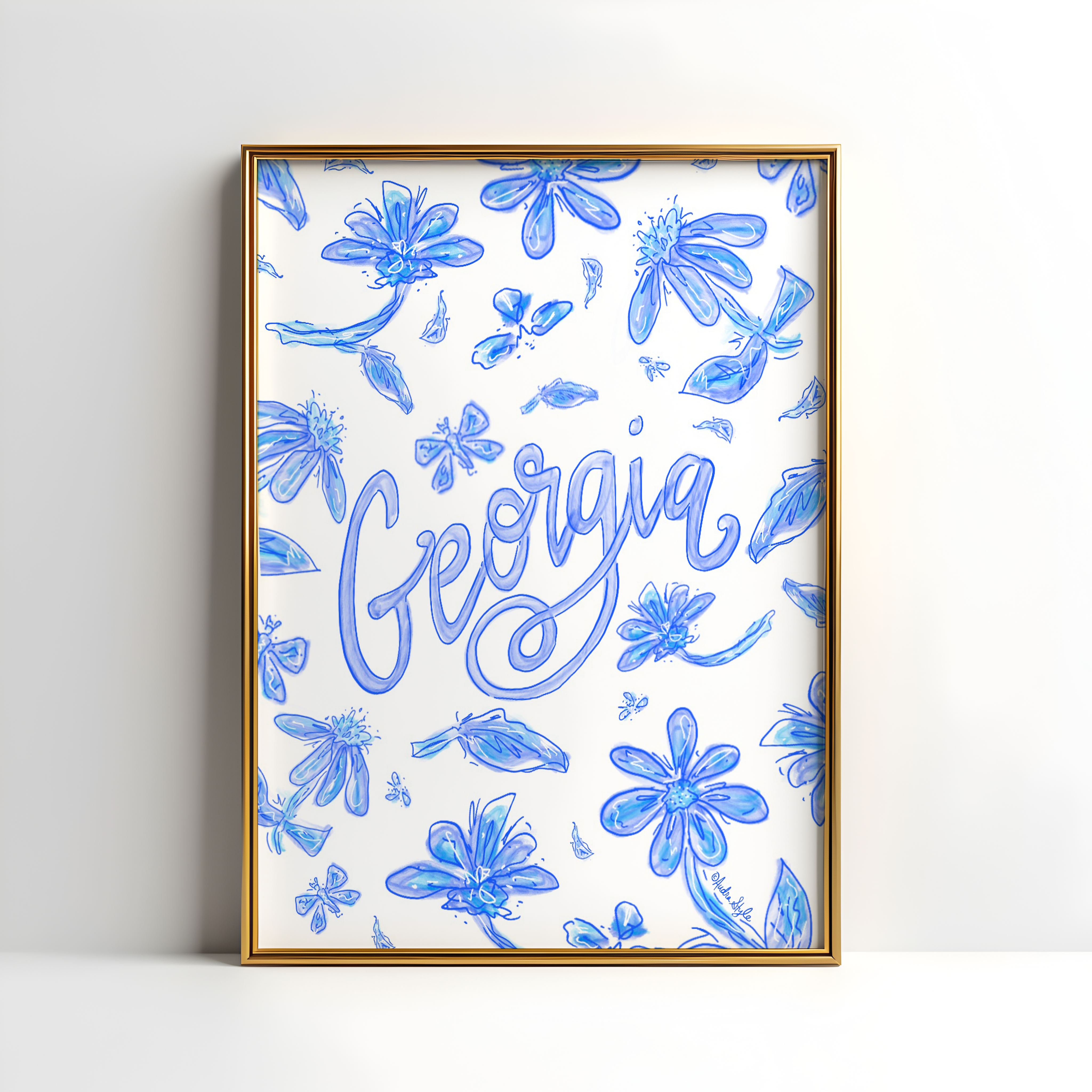 Georgia Art Print on Paper or Canvas - State Pride, Hometown, Blue White Floral Wall Art Poster