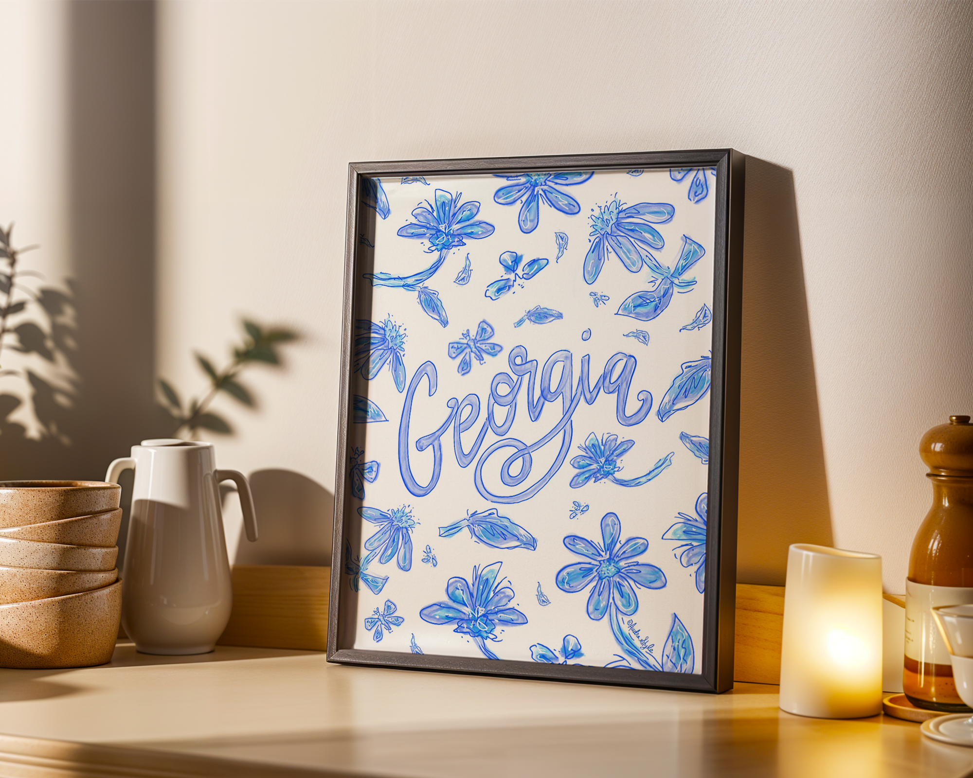 Georgia Art Print on Paper or Canvas - State Pride, Hometown, Blue White Floral Wall Art Poster