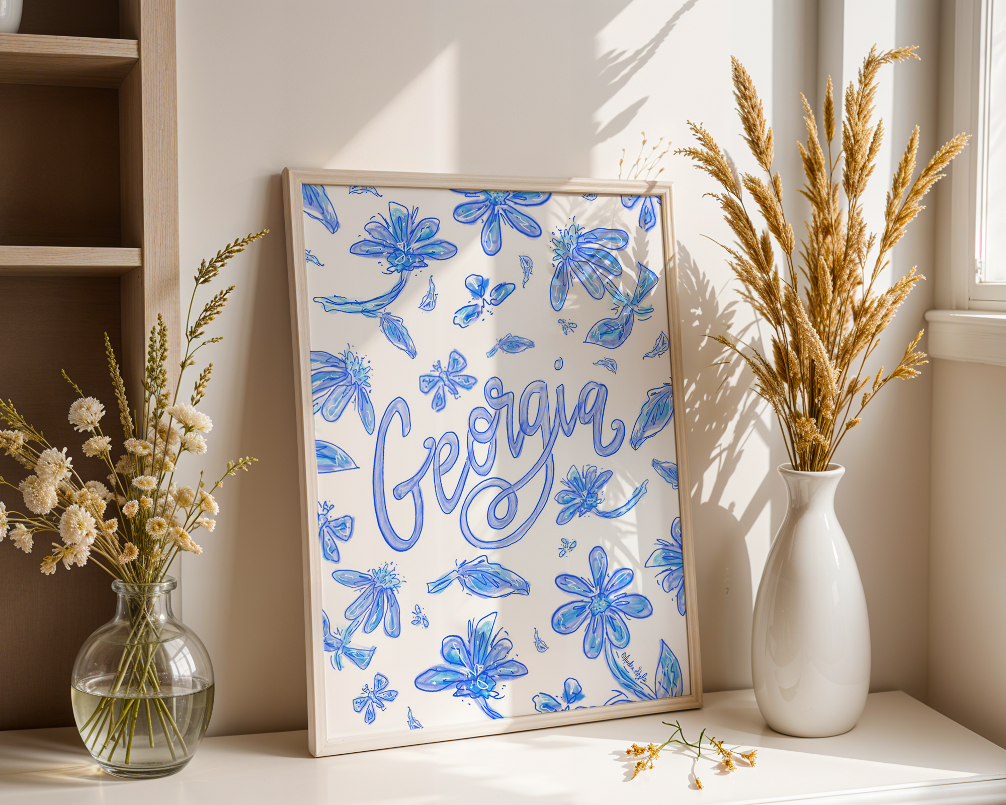 Georgia Art Print on Paper or Canvas - State Pride, Hometown, Blue White Floral Wall Art Poster