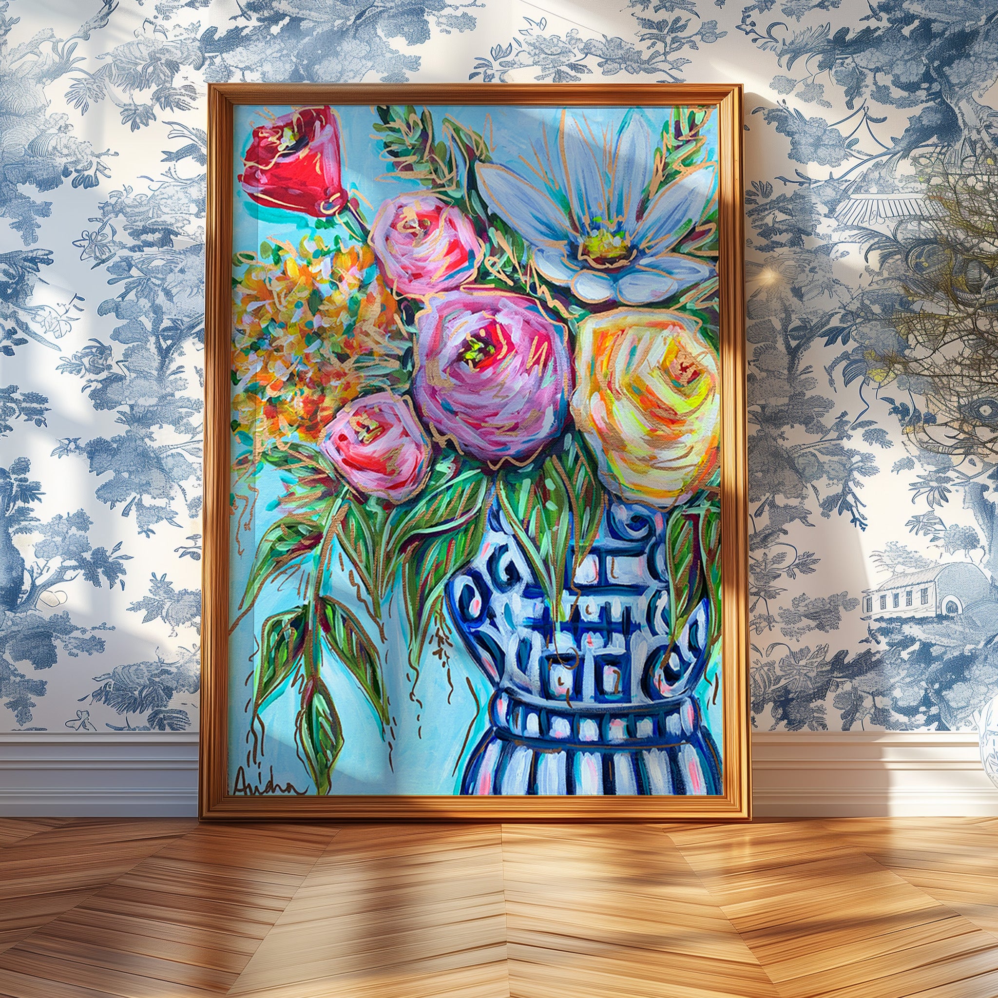 Ginger Jar Floral Art Print on Paper or Canvas - Maximalist Decor, Grand Millennial, Dopamine Decor, Colorful Poster