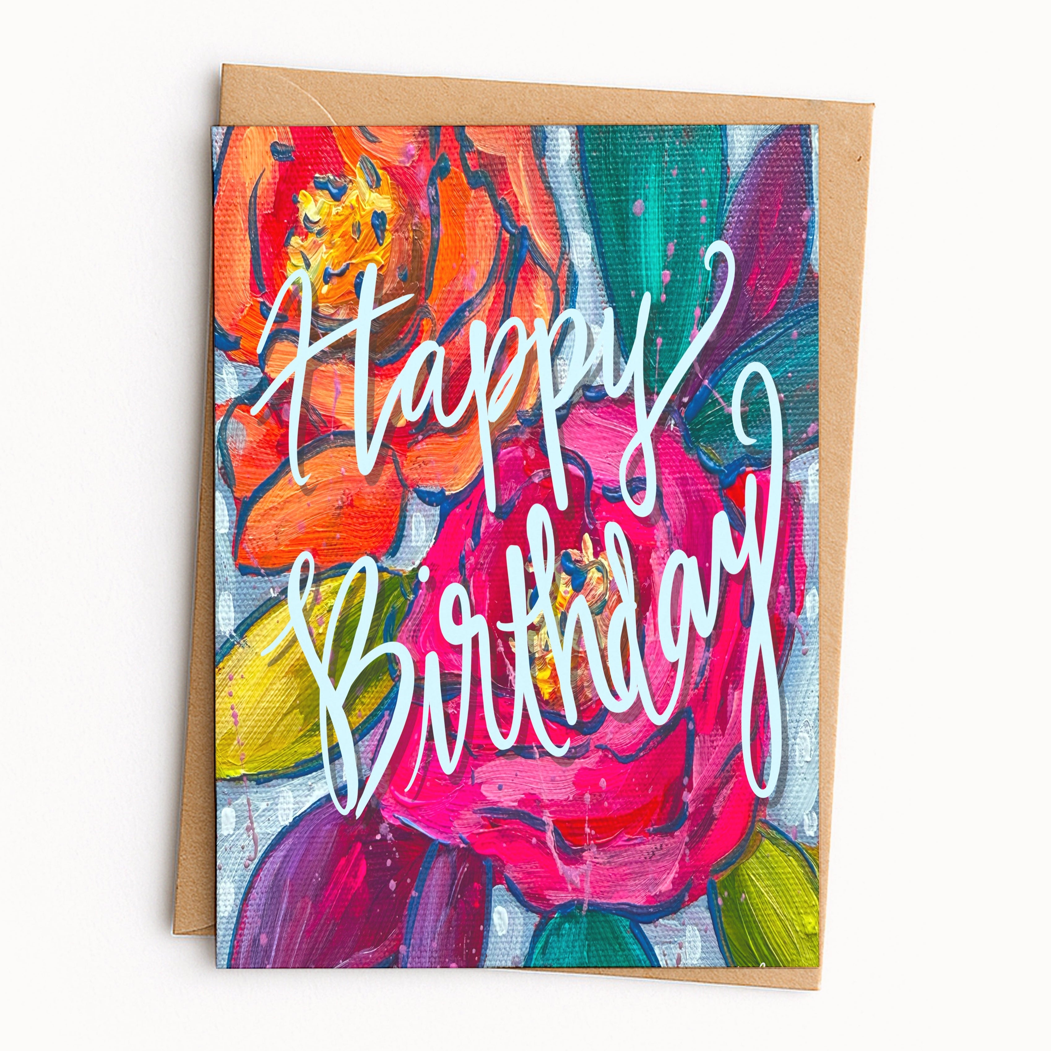 Happy Birthday Orange Pink Rose Greeting Card