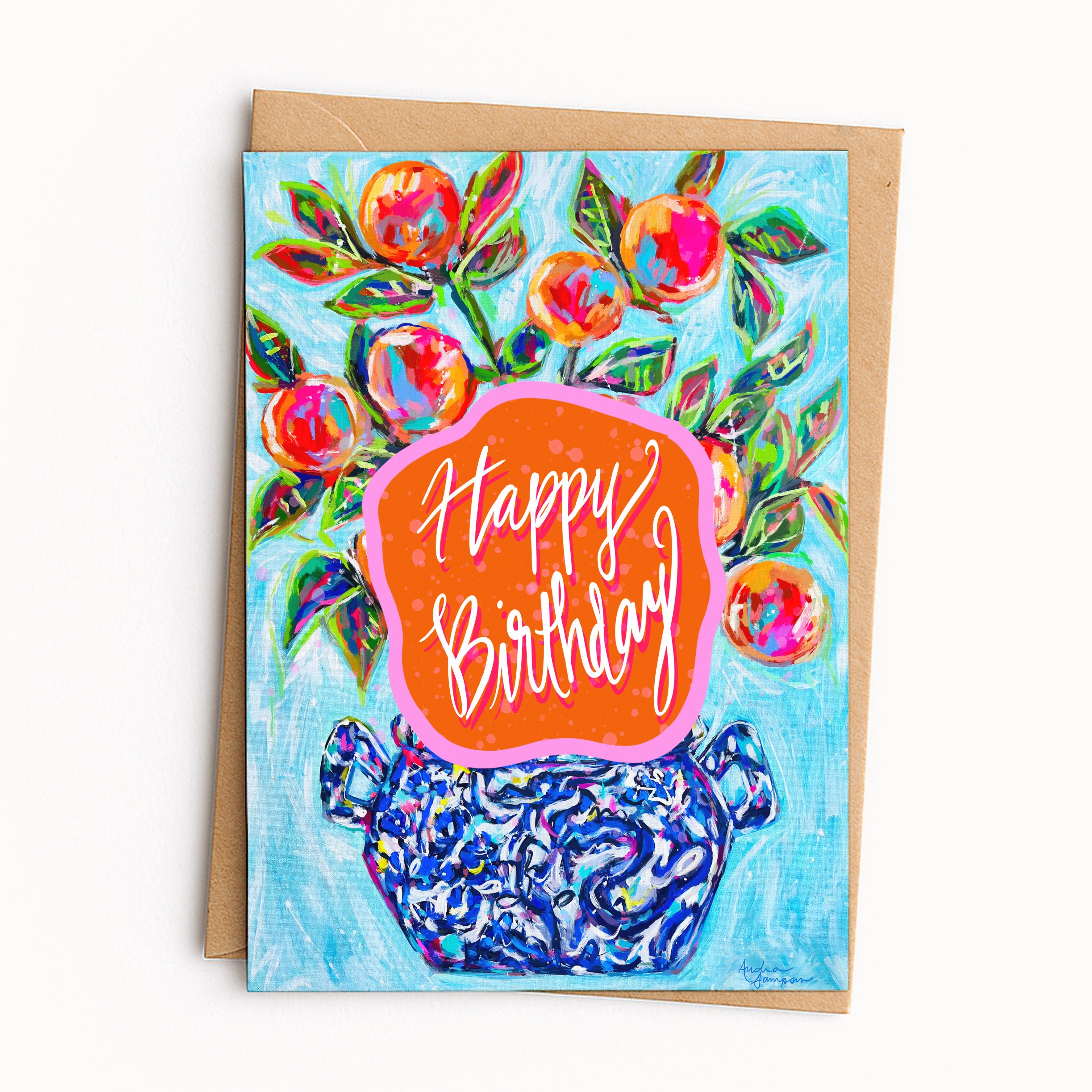 Happy Birthday Orange Topiary Greeting Card