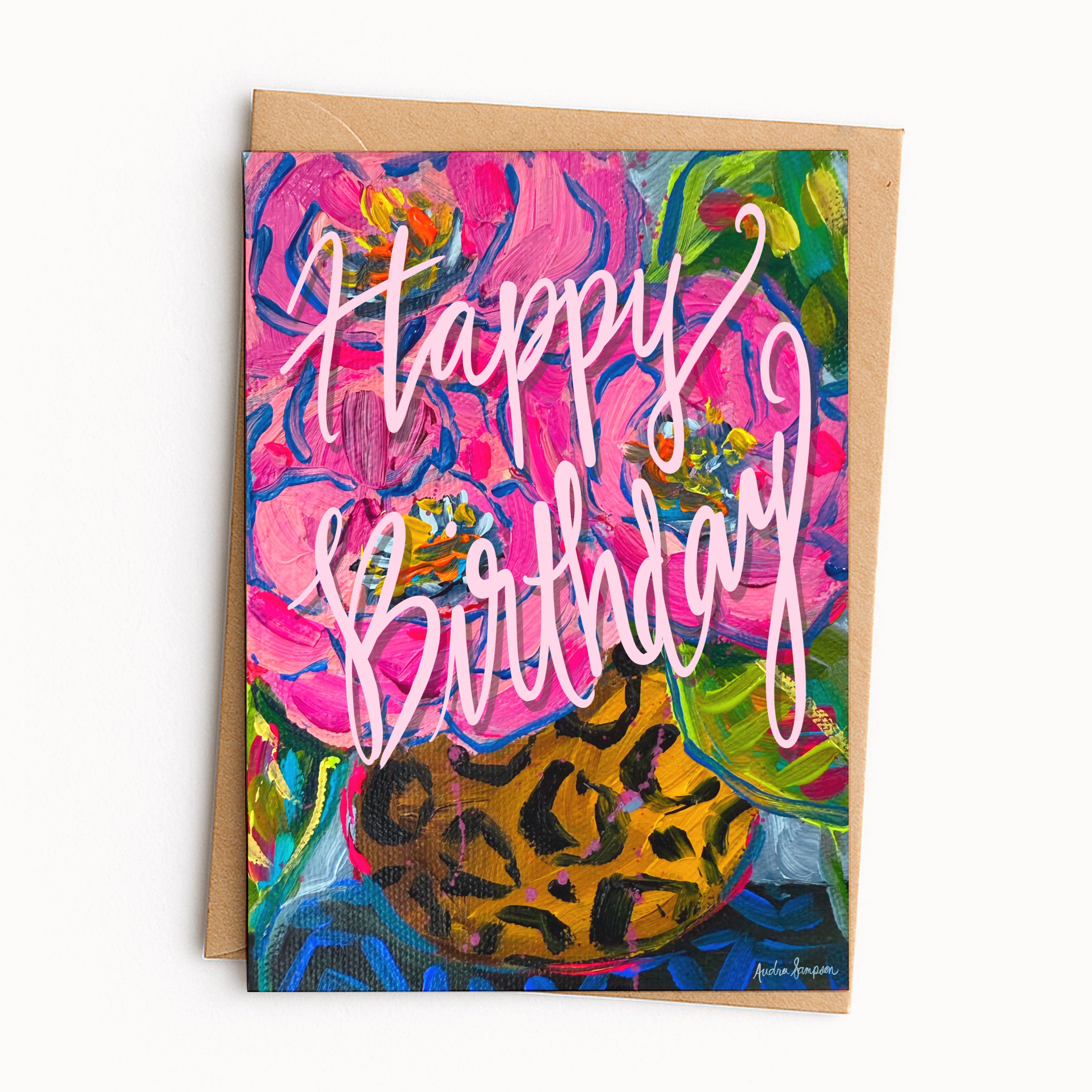Happy Birthday Round Cheetah Floral Greeting Card