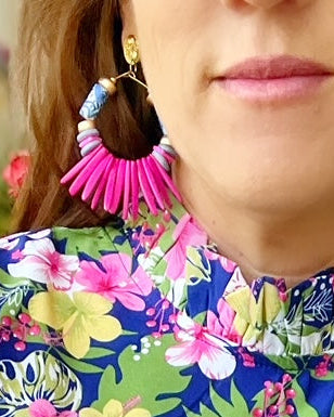 Heidi - Blue and White Floral Print Light Pink Coconut Spike Statement Earring