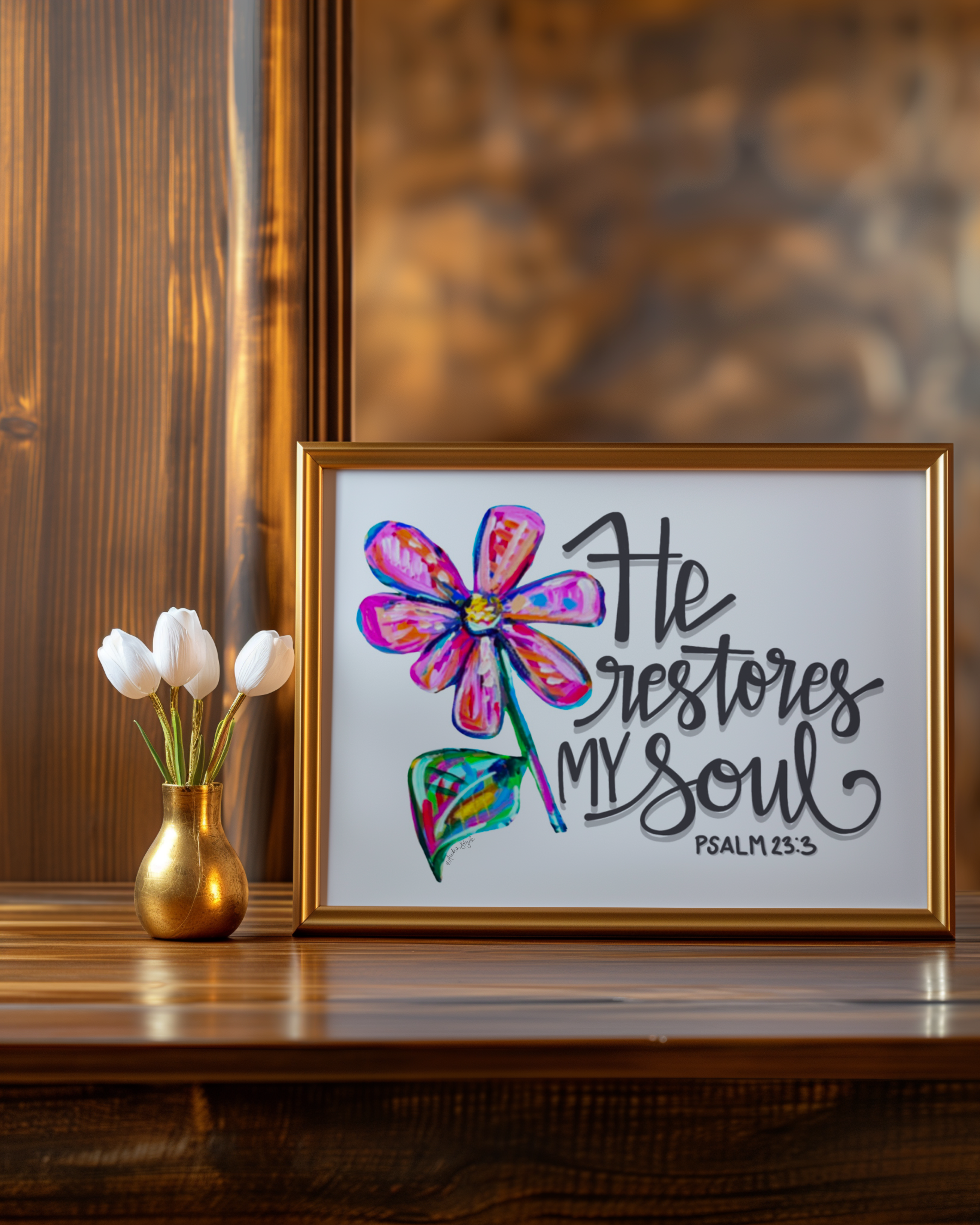 He Restores My Soul Art Print - Scripture Wall Art, Inspirational Decor, Colorful Floral Poster