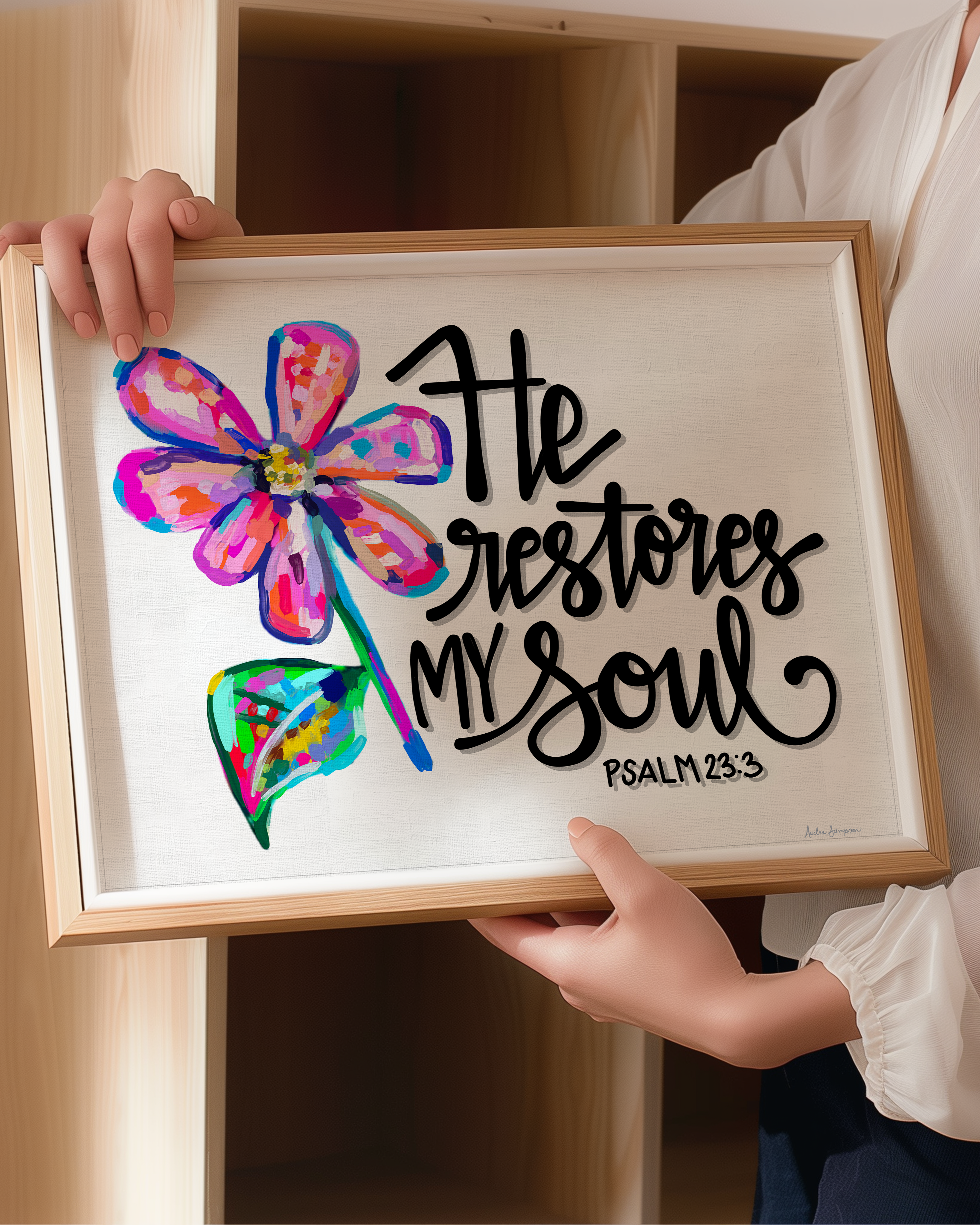 He Restores My Soul Art Print - Scripture Wall Art, Inspirational Decor, Colorful Floral Poster