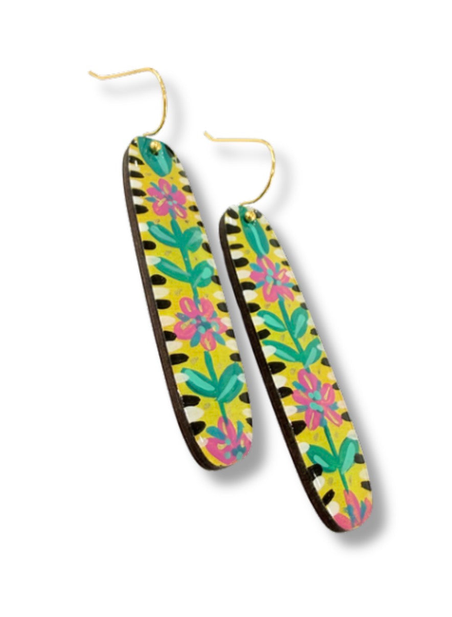 Yellow Garden Stripe Hook Earrings — Hand Painted Wood — One of a Kind
