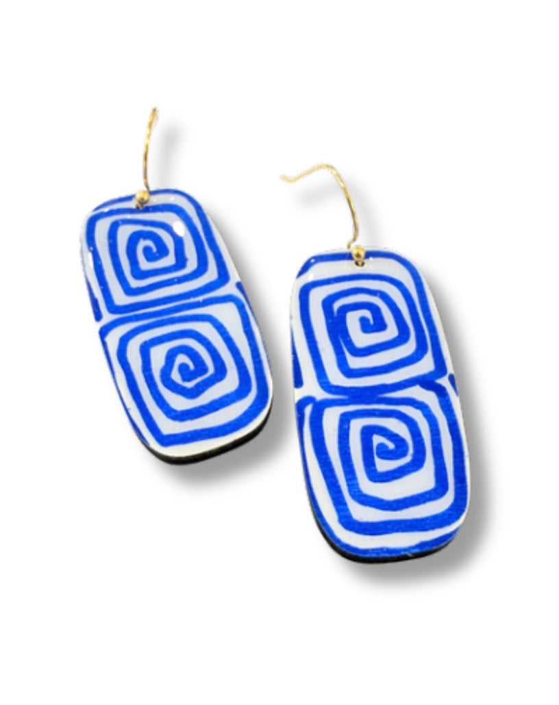 Blue Spiral Dangle Earrings — Hand Painted Wood — One of a Kind