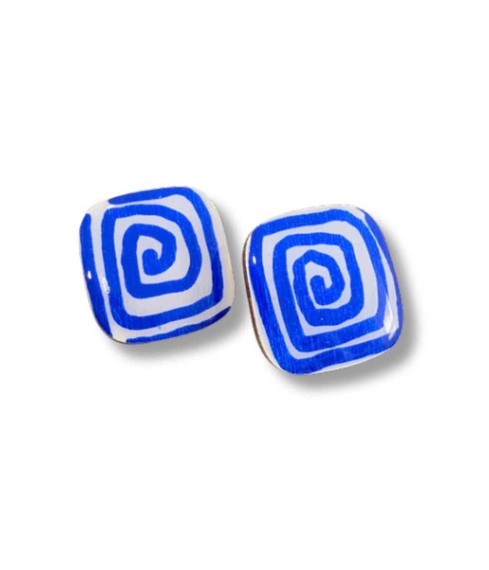 Blue Spiral Square Stud Earrings — Hand Painted Wood — One of a Kind