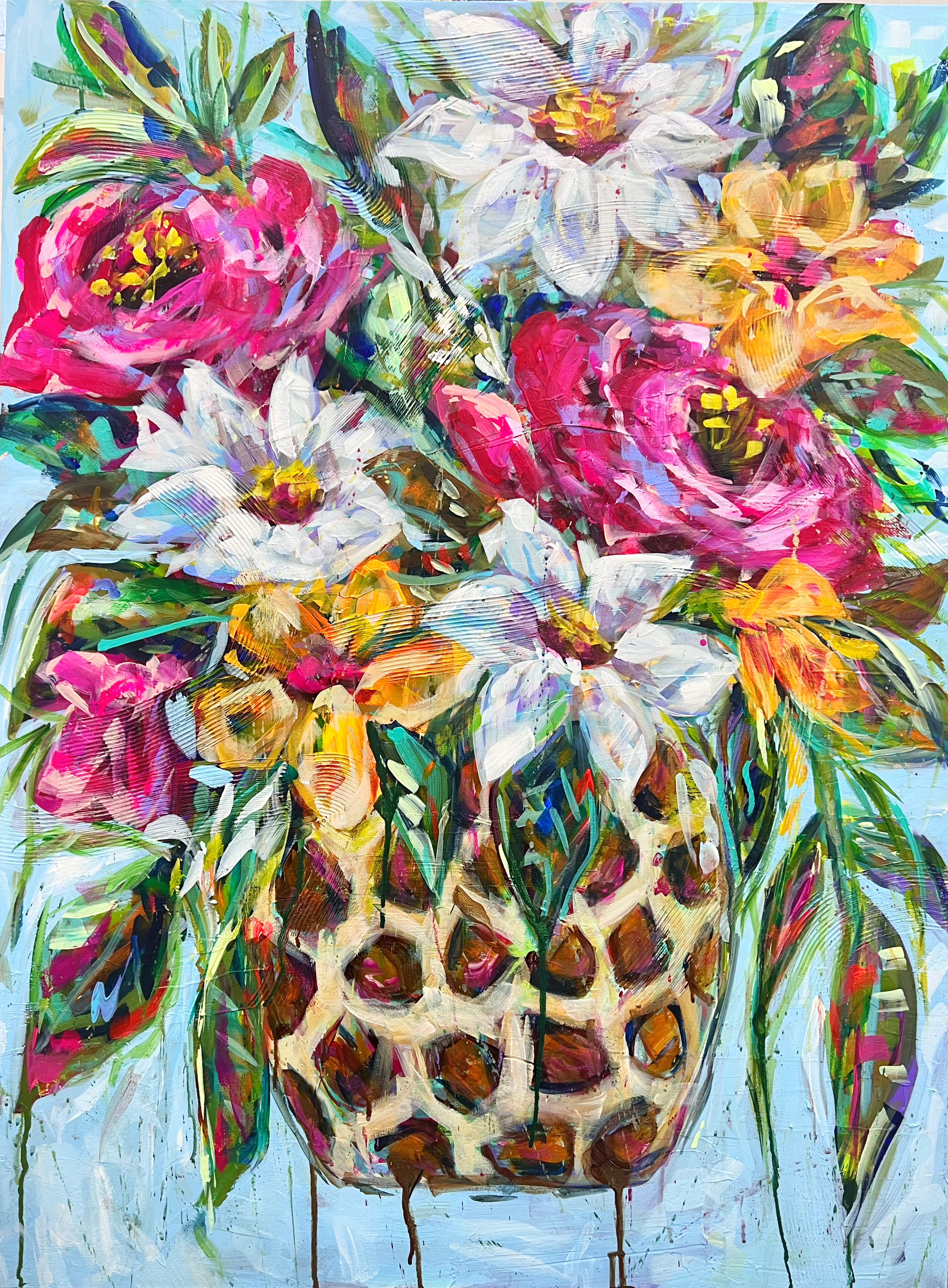 Roses and Daisies in Leopard Vase 30"x40" Original Painting on Canvas