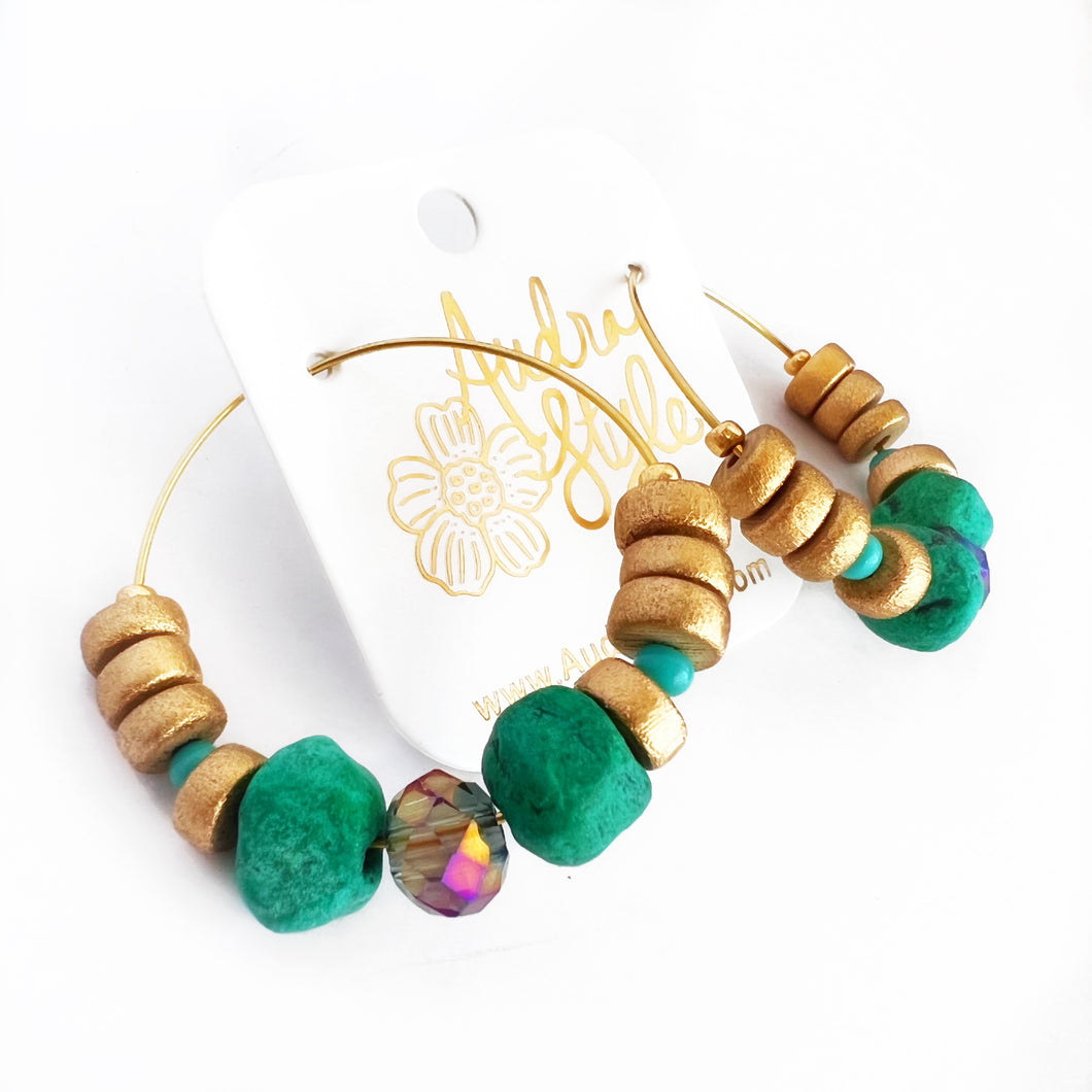 Beaded Hoop Earring - Kelly Green and Glass Beads