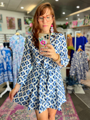 Blue and White Floral Print Belted Dress