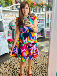 Multicolored Tiered Ruffle Sleeve Mini Dress