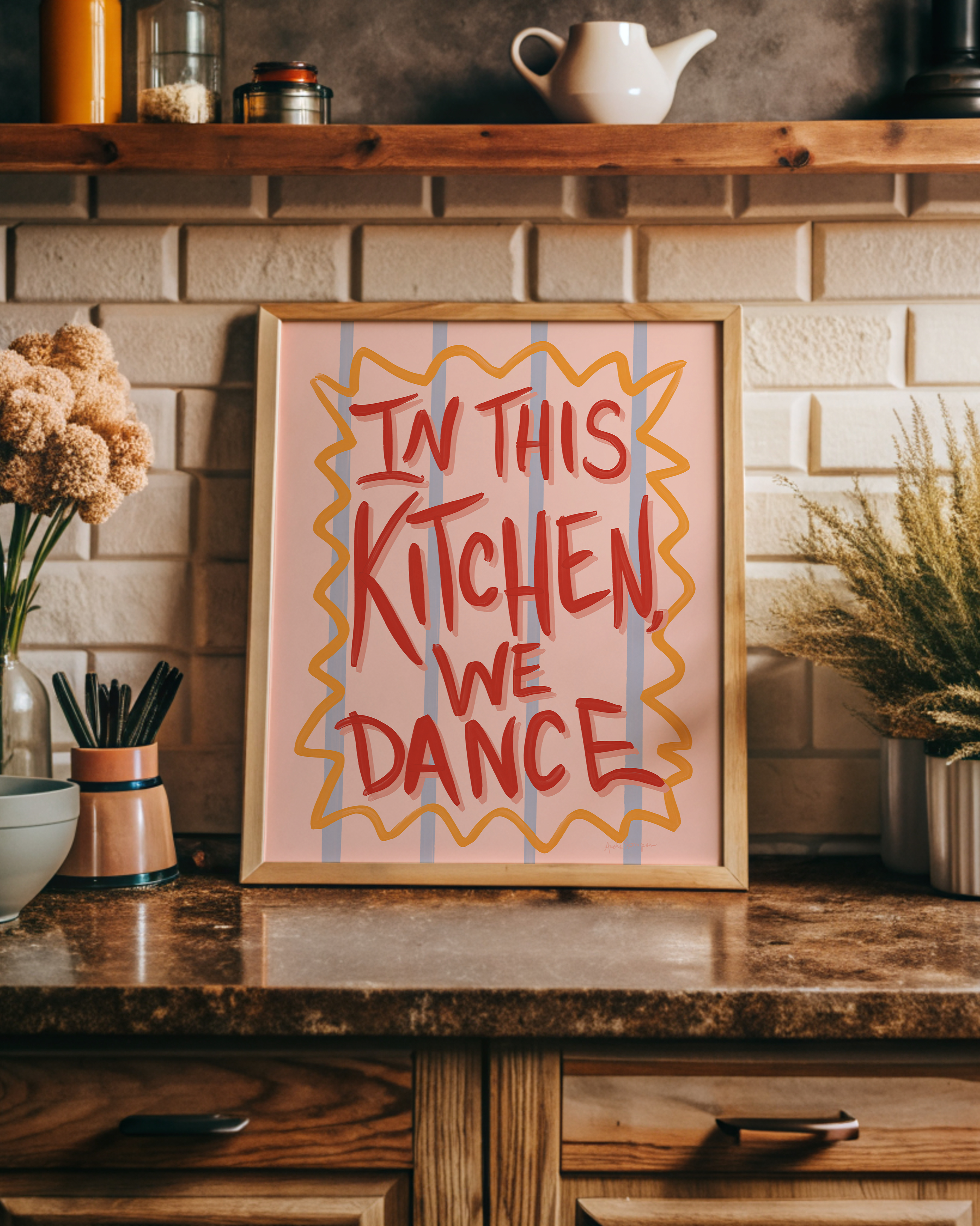 In This Kitchen, We Dance Wall Art, Typography, Dopamine Decor, Colorful Kitchen Poster, Retro Food Art Prints