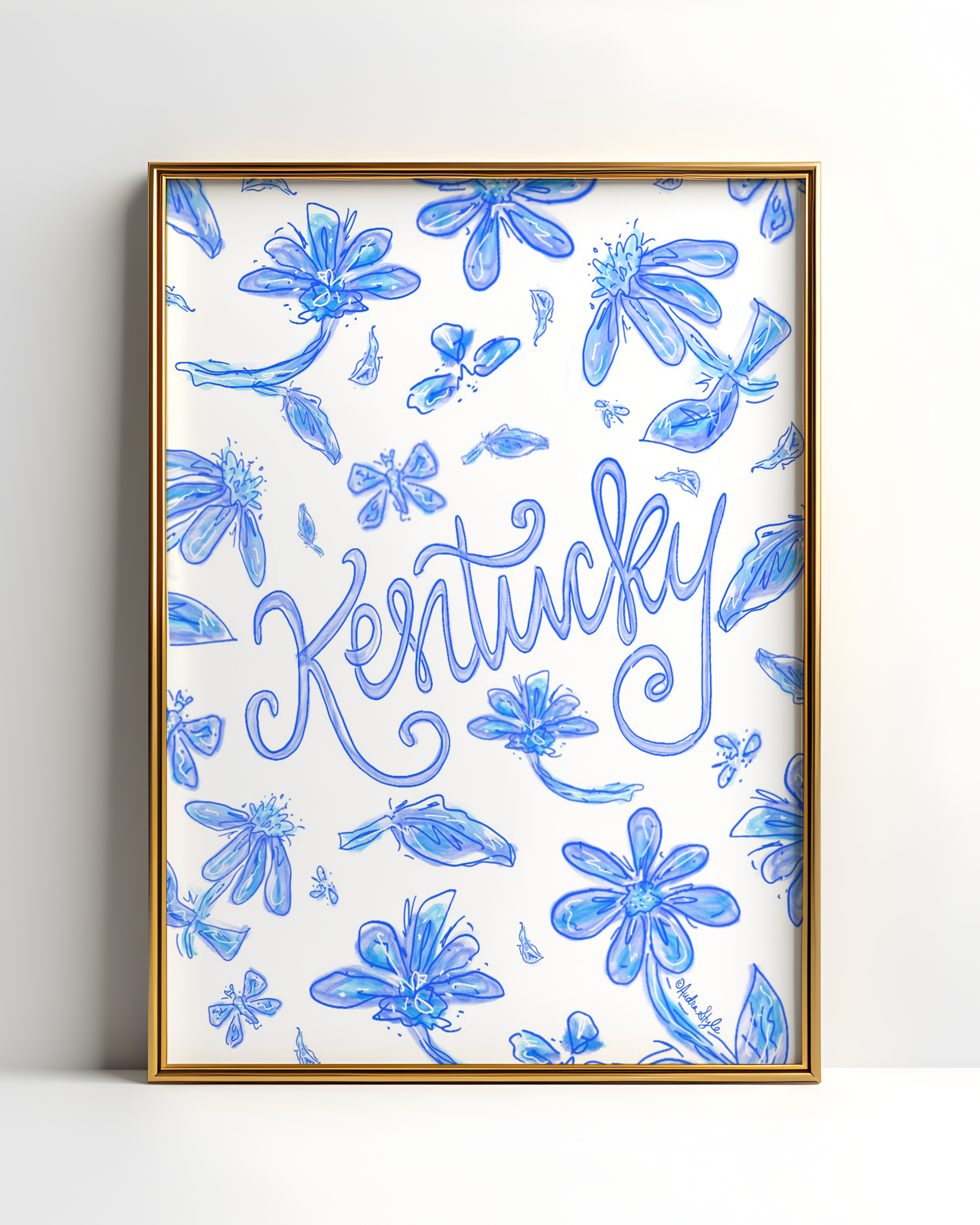 Kentucky Art Print on Paper or Canvas - State Pride, Hometown, Blue White Floral Wall Art Poster