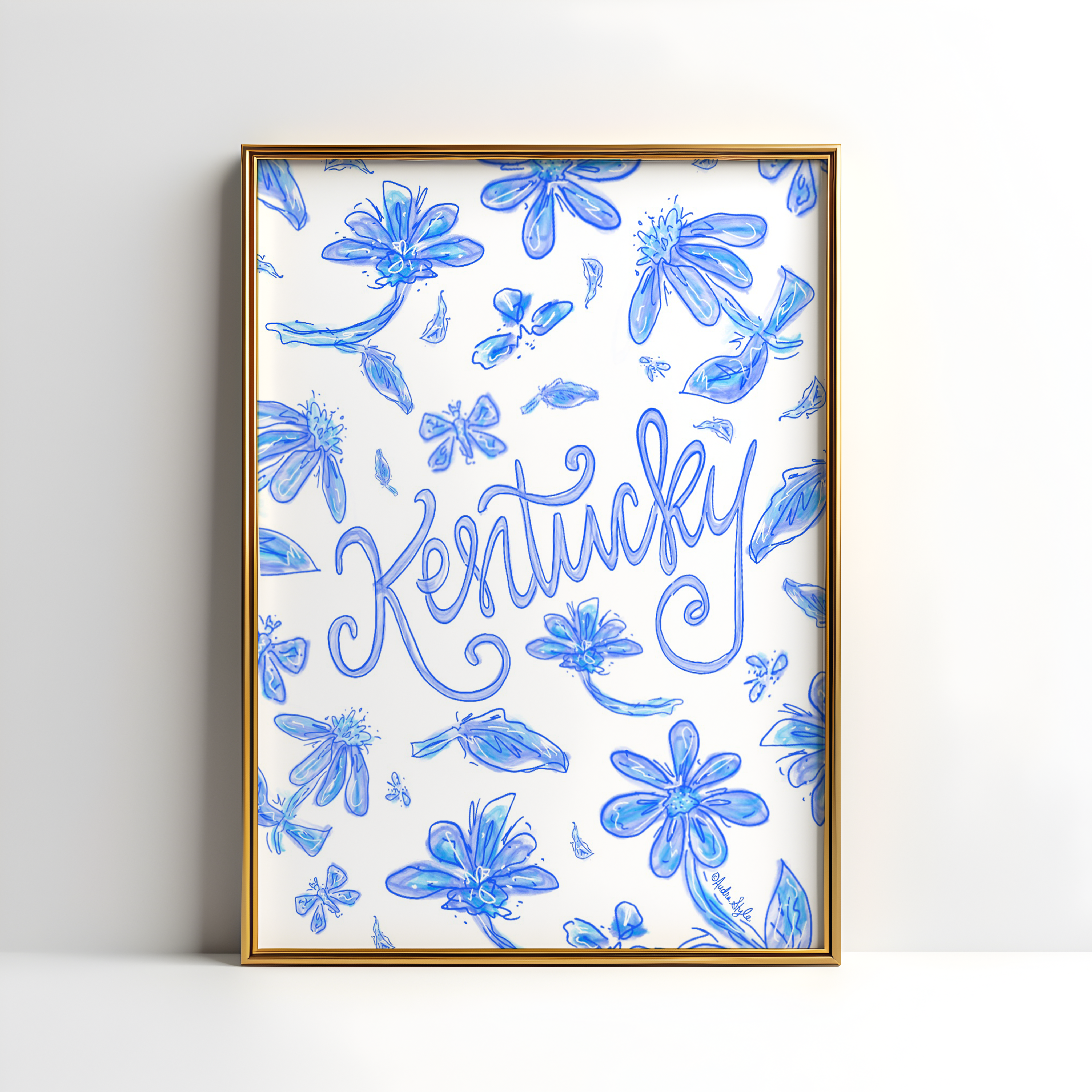 Kentucky Art Print on Paper or Canvas - State Pride, Hometown, Blue White Floral Wall Art Poster