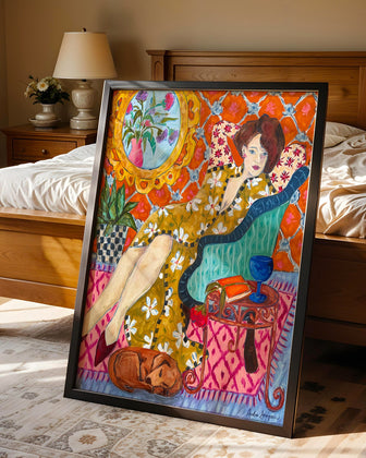 Lady and Dachshund Art Print on Paper or Canvas - Colorful Bouquet Decor, Maximalist Art Poster
