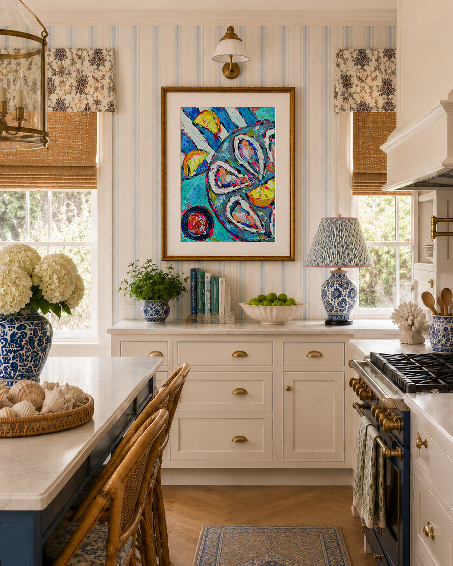 Oysters and Lemons Art Print on Paper or Canvas - Coastal Decor, Maximalist Nautical Beach Art Poster
