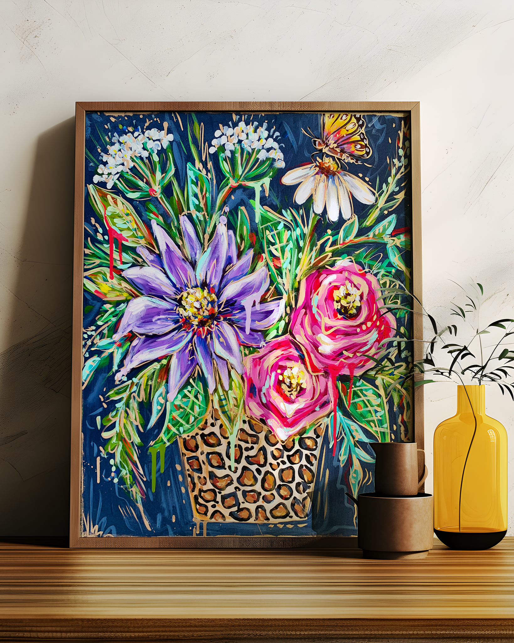 Leopard Floral Vase with Butterfly Art Print on Paper or Canvas - Maximalist Wall Art, Colorful Dopamine Decor Poster