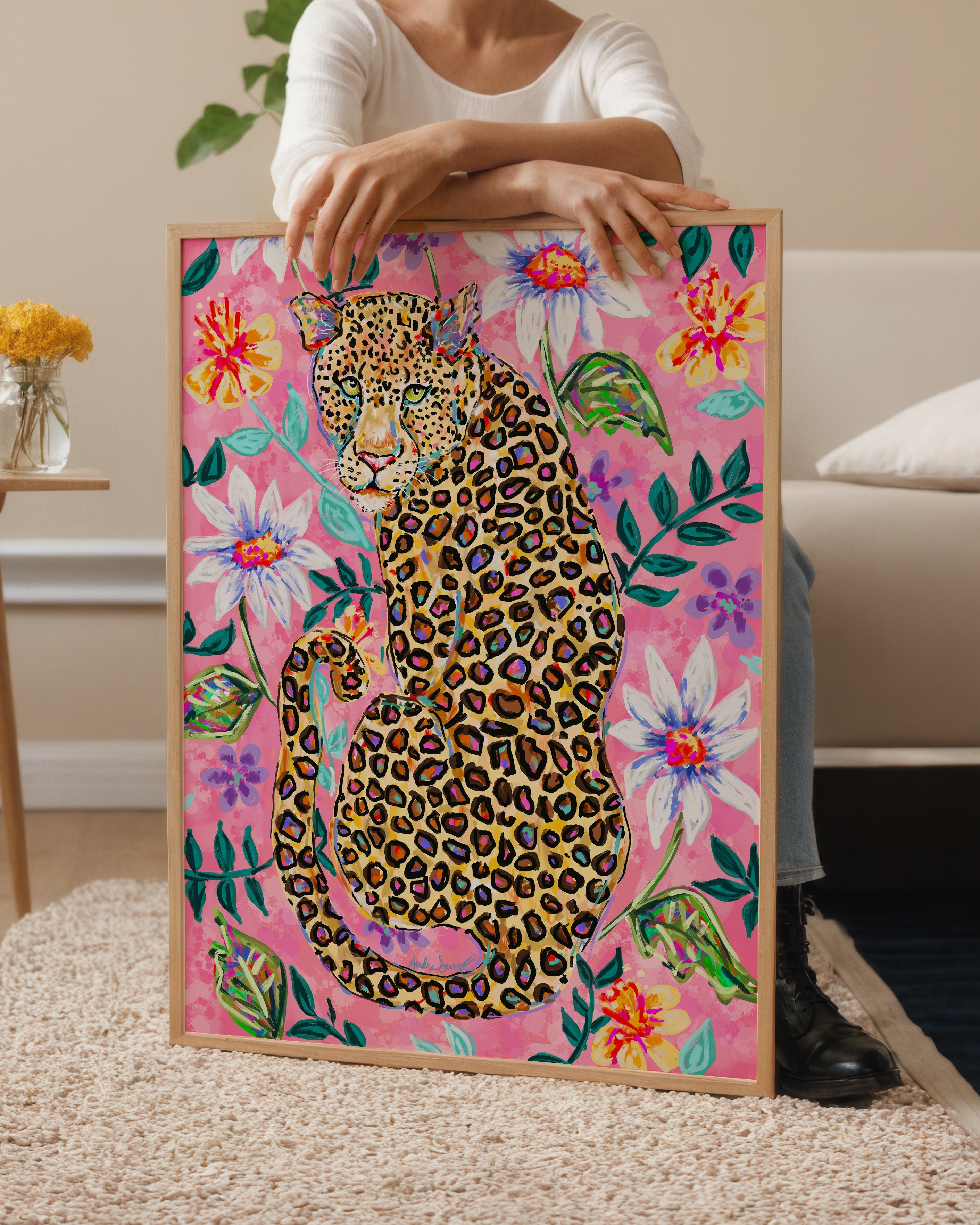 Josephine - Leopard Floral Background Dopamine Decor Art Print or Canvas