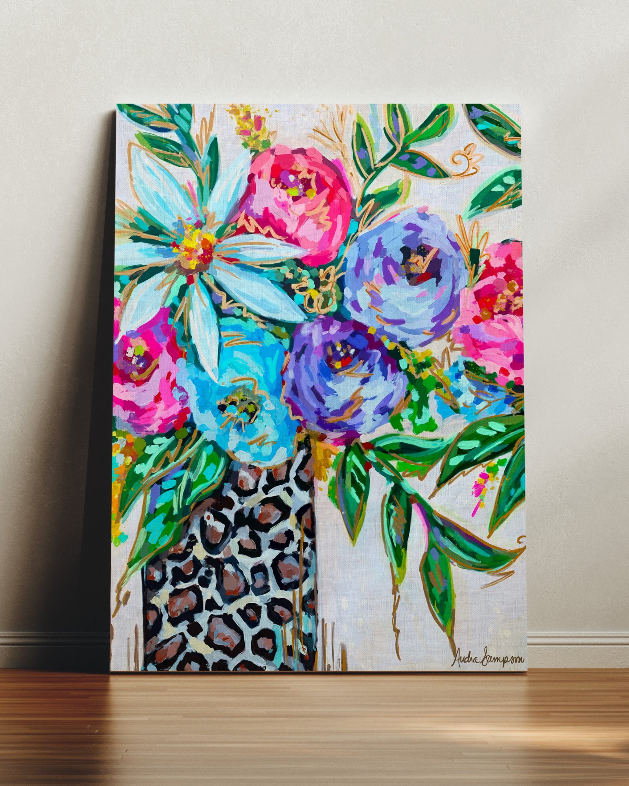 Leopard Vase Floral Art Print on Paper or Canvas - Maximalist Decor, Colorful Floral Art Poster