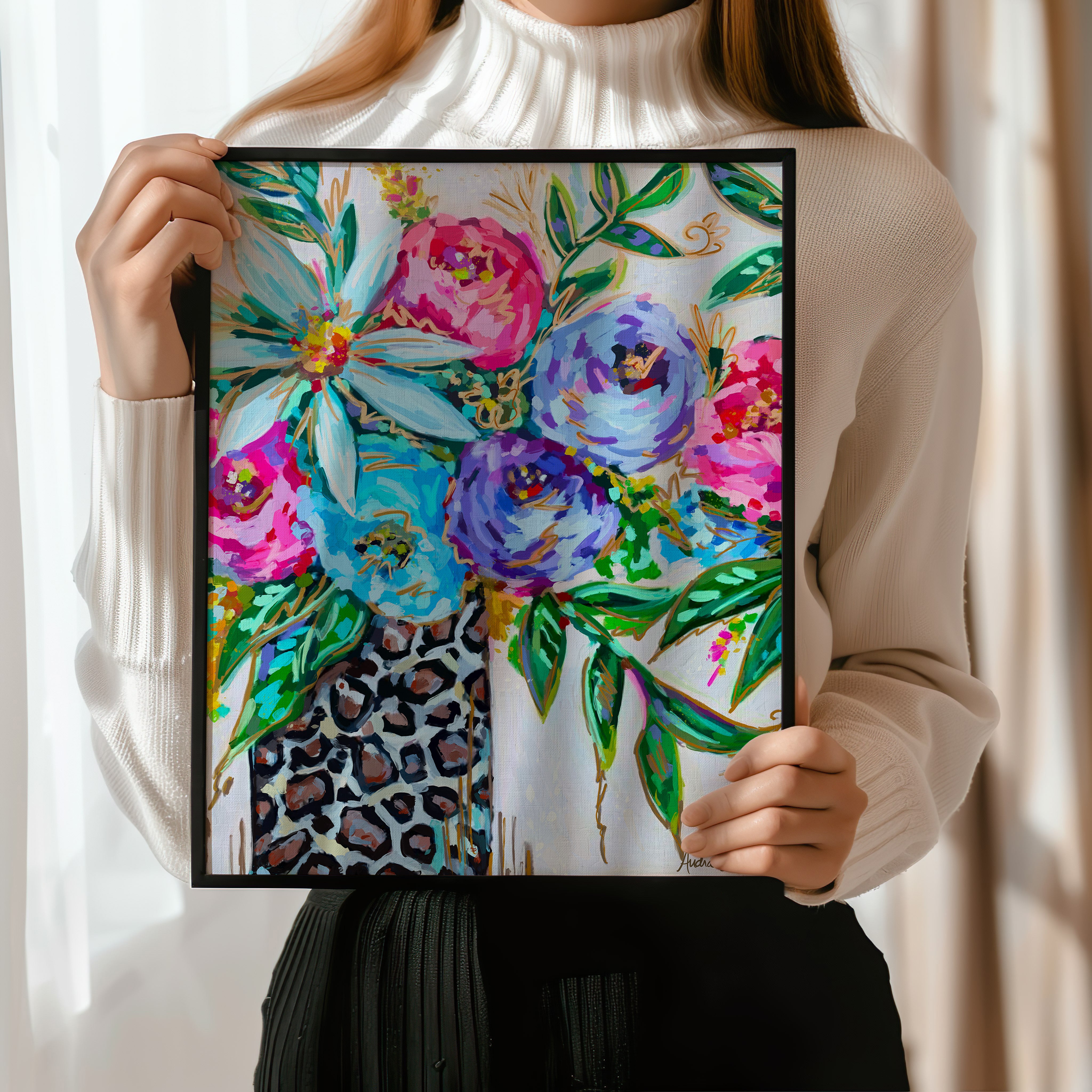 Leopard Vase Floral Art Print on Paper or Canvas - Maximalist Decor, Colorful Floral Art Poster