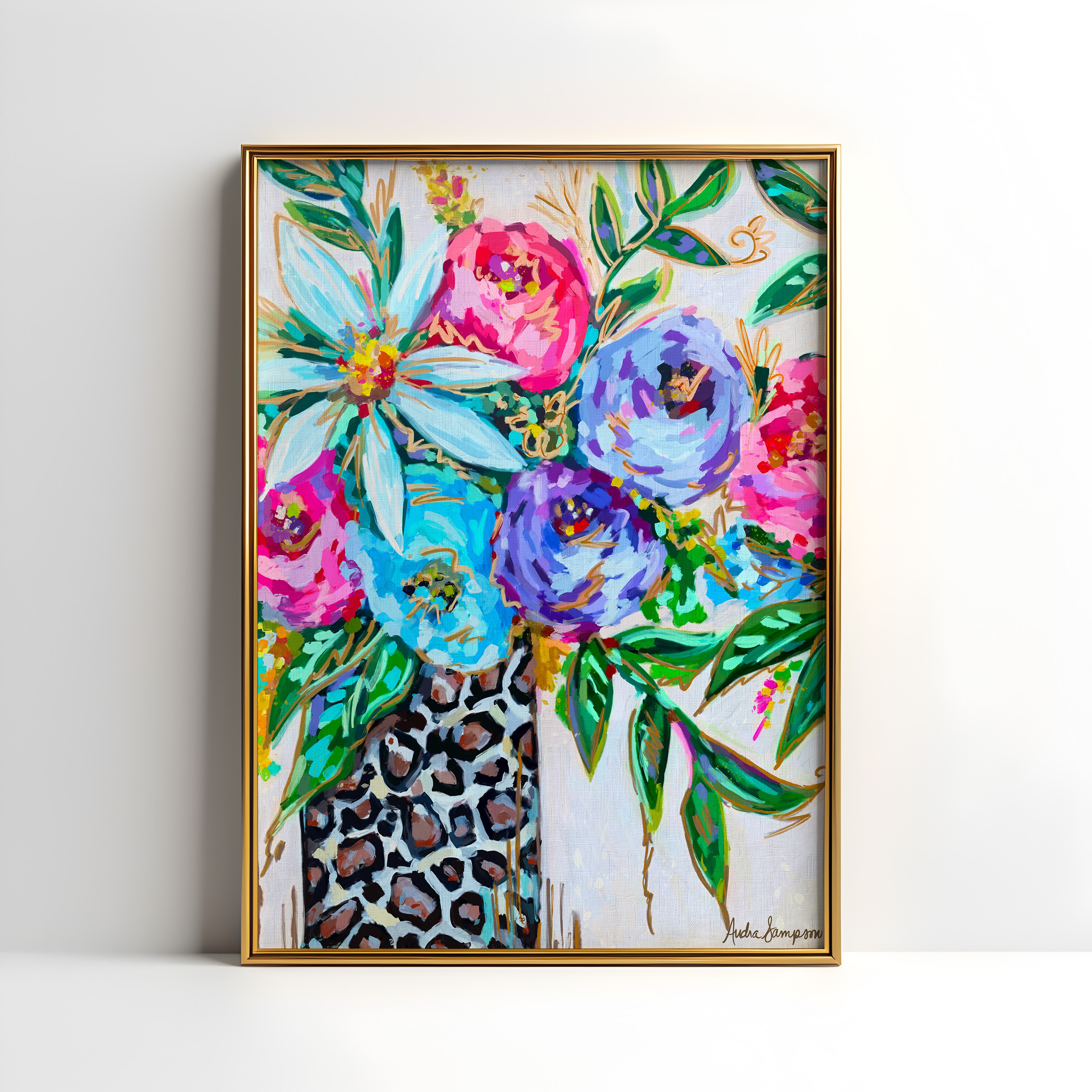 Leopard Vase Floral Art Print on Paper or Canvas - Maximalist Decor, Colorful Floral Art Poster