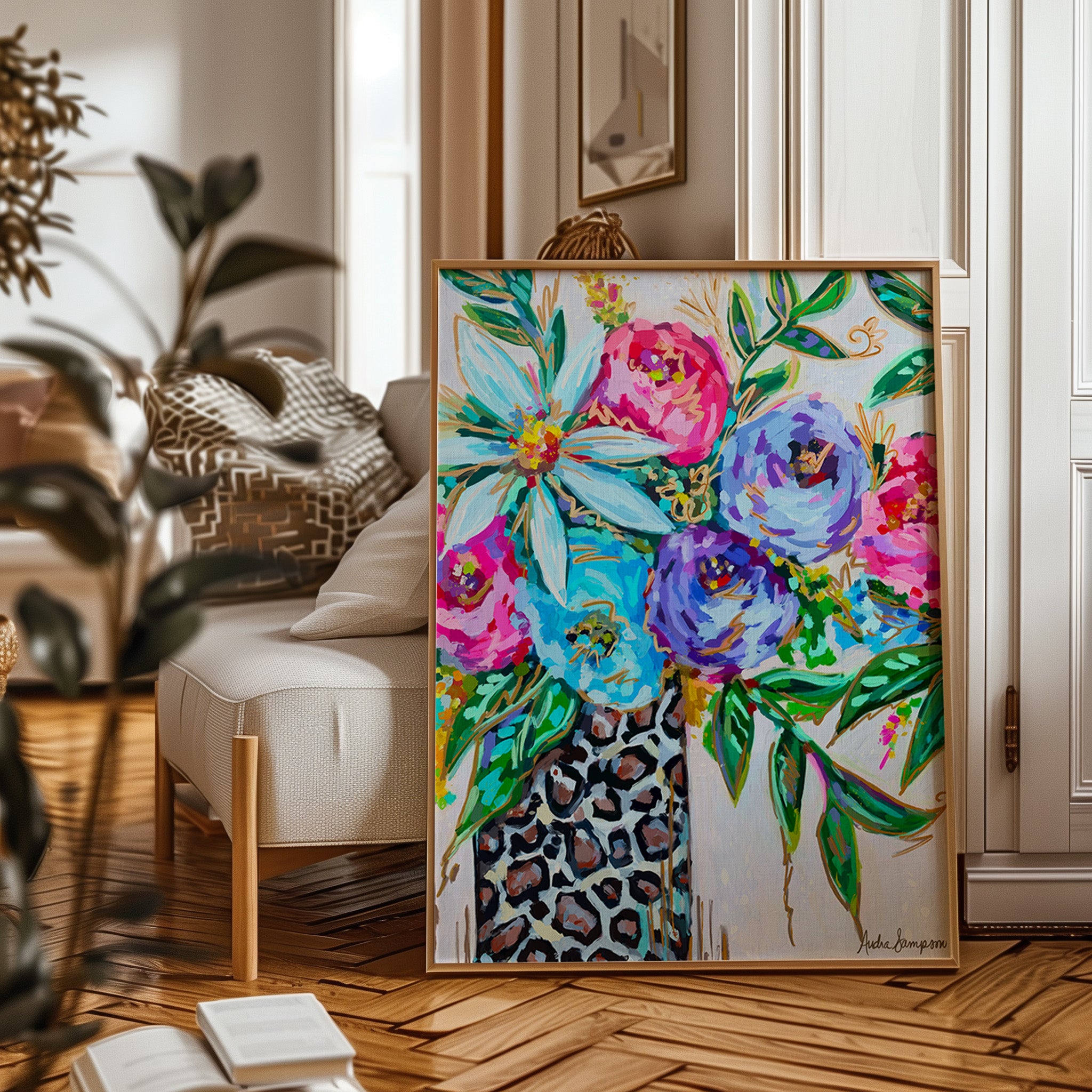 Leopard Vase Floral Art Print on Paper or Canvas - Maximalist Decor, Colorful Floral Art Poster