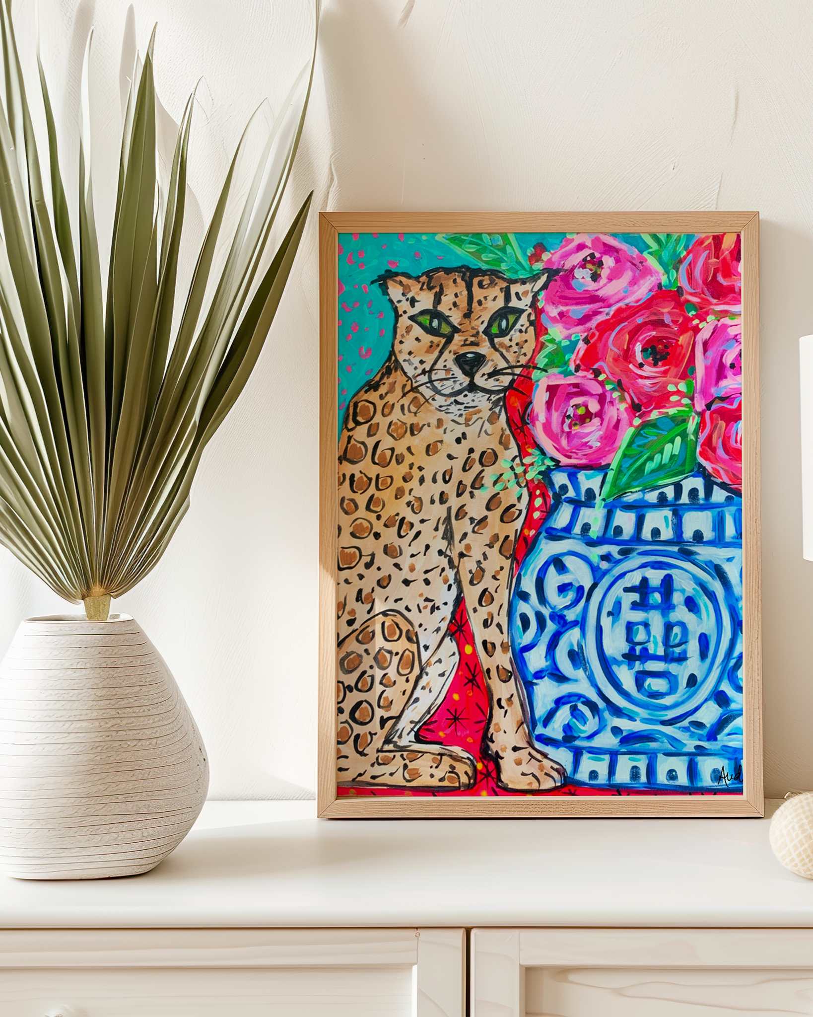 Leopard Ginger Jar Art Print on Paper or Canvas - Maximalist Decor, Blue and White Art Print Wall Poster