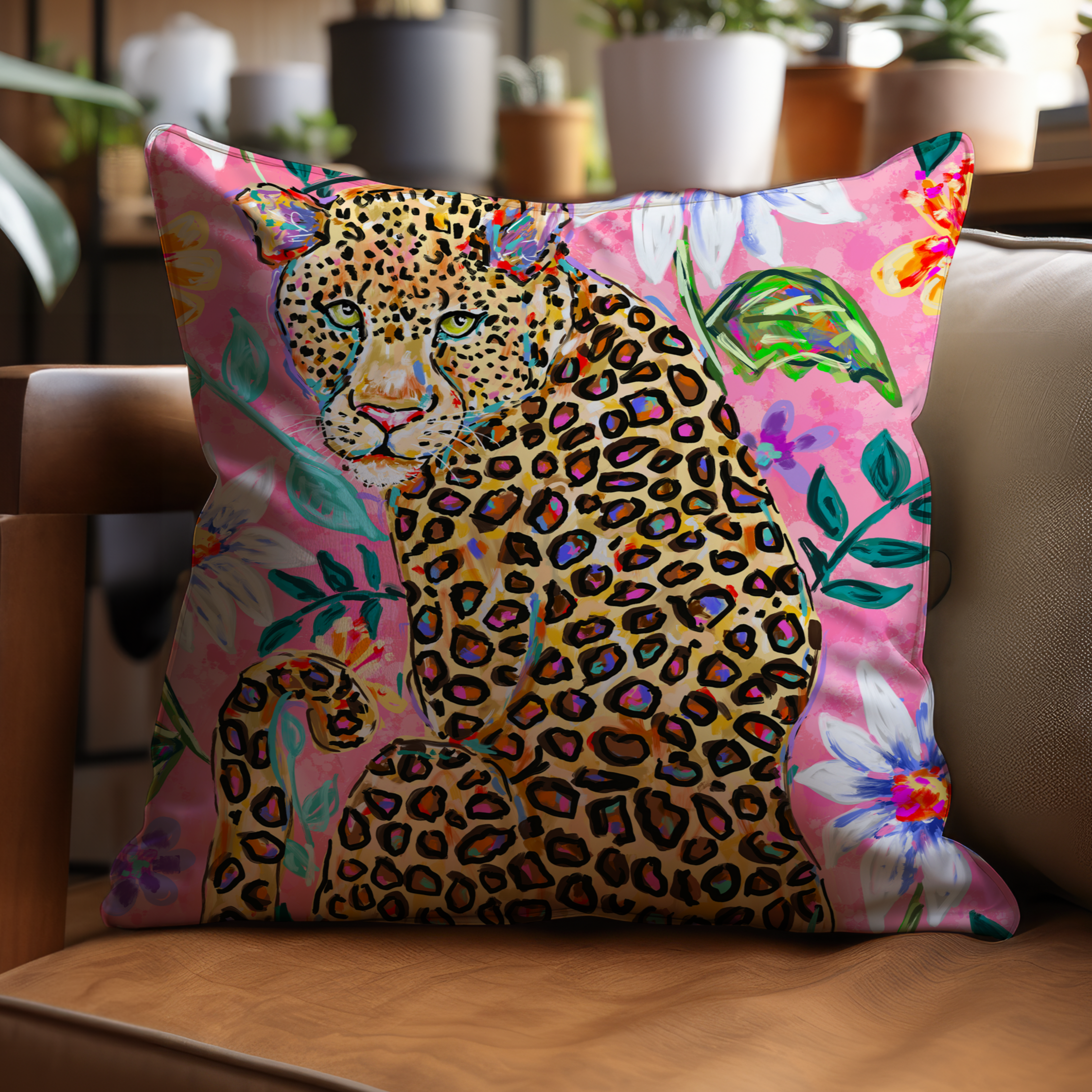 Leopard Pink Floral Throw Pillow