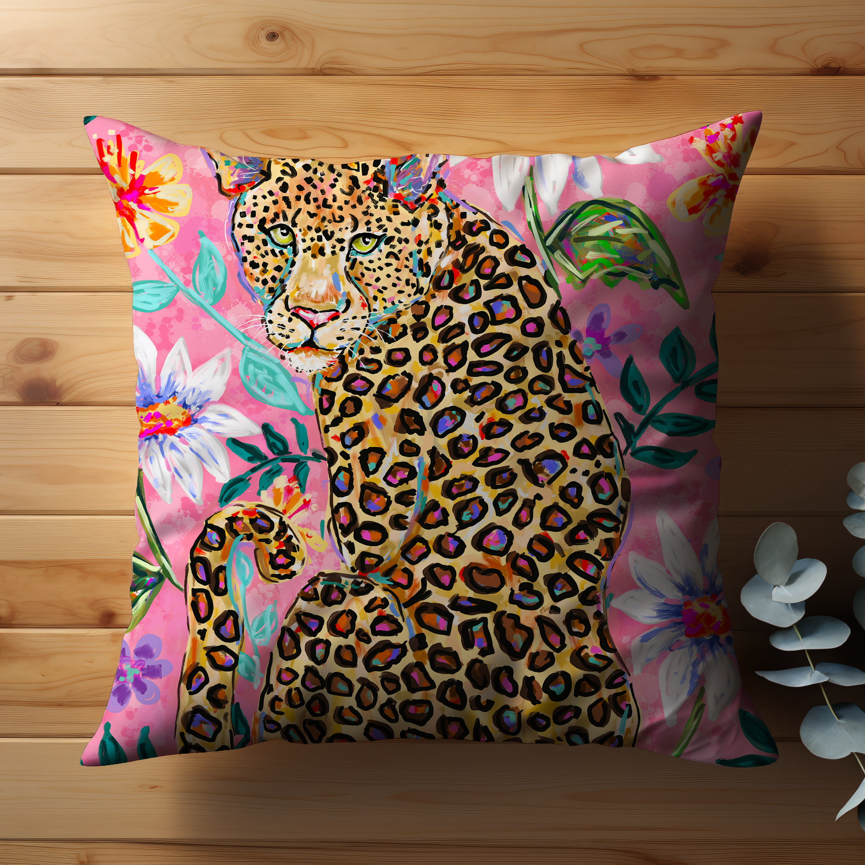 Leopard Pink Floral Throw Pillow