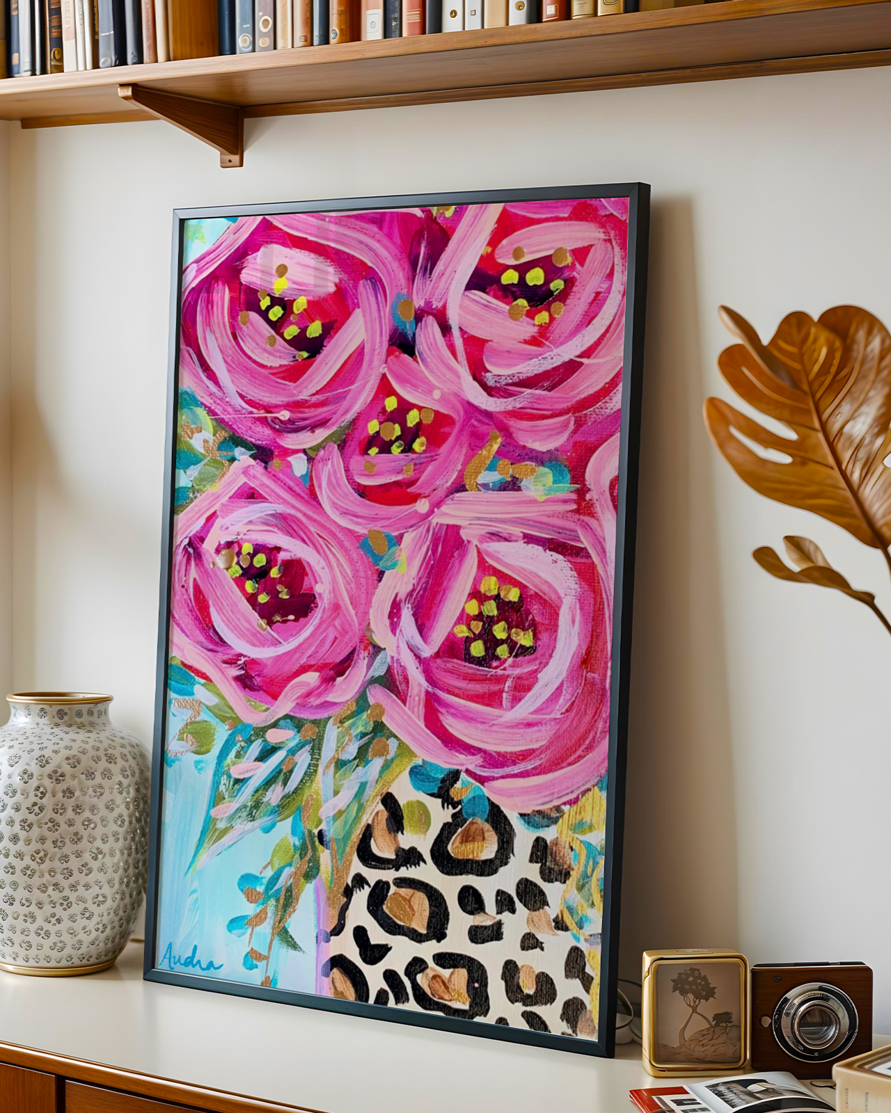 Leopard Rose Bouquet Art Print on Paper or Canvas - Maximalist Decor, Colorful Wall Poster, Pink Decor