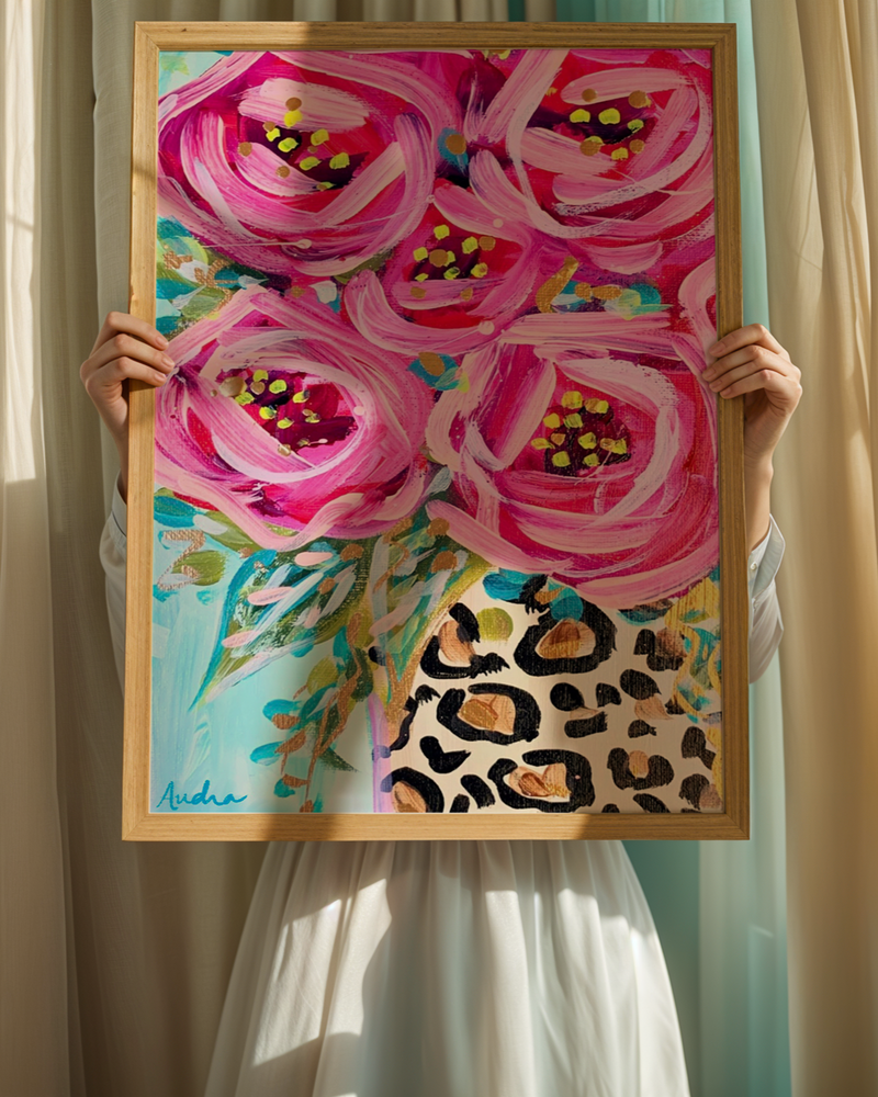 Leopard Rose Bouquet Art Print | Blue | Audra Style