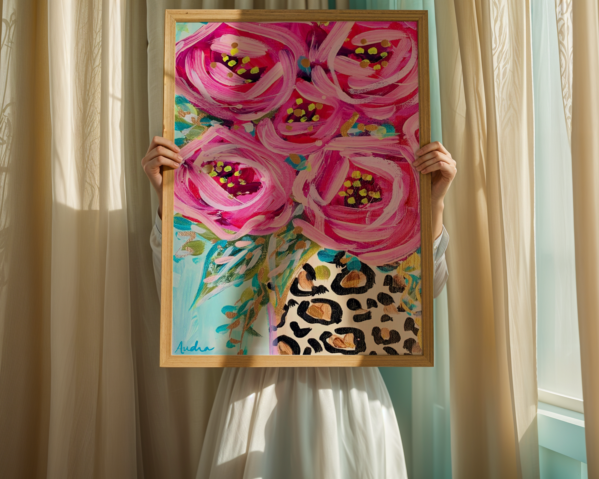 Leopard Rose Bouquet Art Print on Paper or Canvas - Maximalist Decor, Colorful Wall Poster, Pink Decor